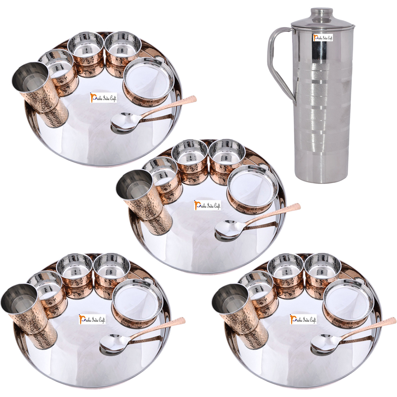 Prisha India Craft B. Set of 4 Dinnerware Traditional Stainless Steel Copper Dinner Set of Thali Plate, Bowls, Glass and Spoon, Dia 13  With 1 Luxury Style Stainless Steel Copper Pitcher Jug - Christmas Gift