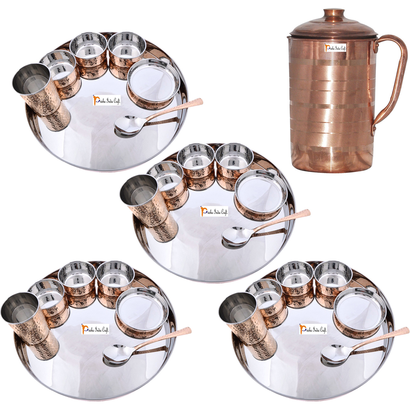 Prisha India Craft B. Set of 4 Dinnerware Traditional Stainless Steel Copper Dinner Set of Thali Plate, Bowls, Glass and Spoon, Dia 13  With 1 Pure Copper Pitcher Jug - Christmas Gift