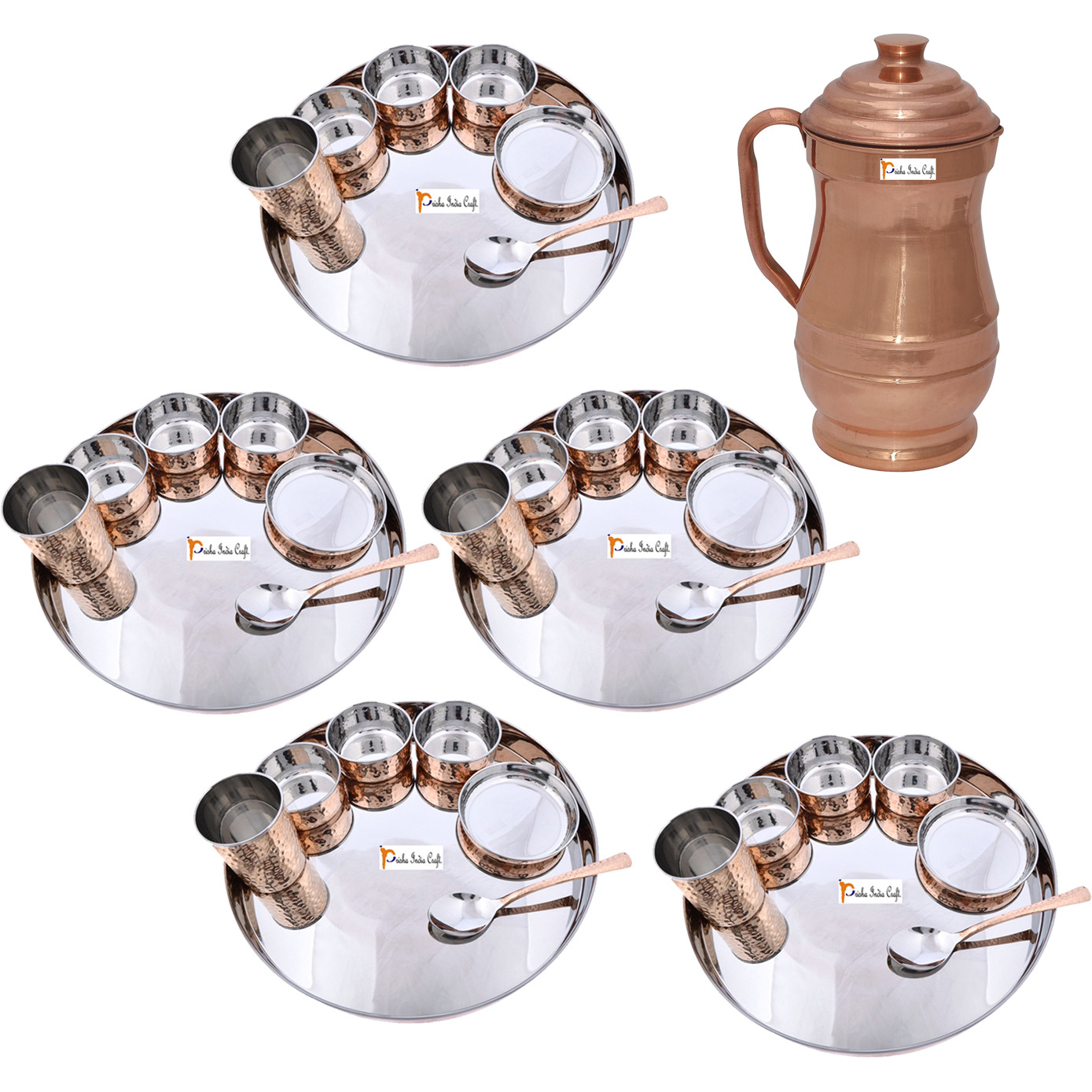 Prisha India Craft B. Set of 5 Dinnerware Traditional Stainless Steel Copper Dinner Set of Thali Plate, Bowls, Glass and Spoon, Dia 13  With 1 Pure Copper Maharaja Pitcher Jug - Christmas Gift