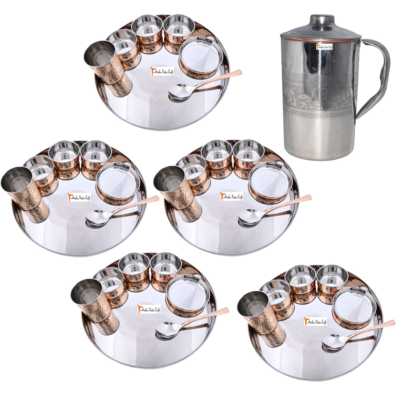 Prisha India Craft B. Set of 5 Dinnerware Traditional Stainless Steel Copper Dinner Set of Thali Plate, Bowls, Glass and Spoon, Dia 13  With 1 Embossed Stainless Steel Copper Pitcher Jug - Christmas Gift