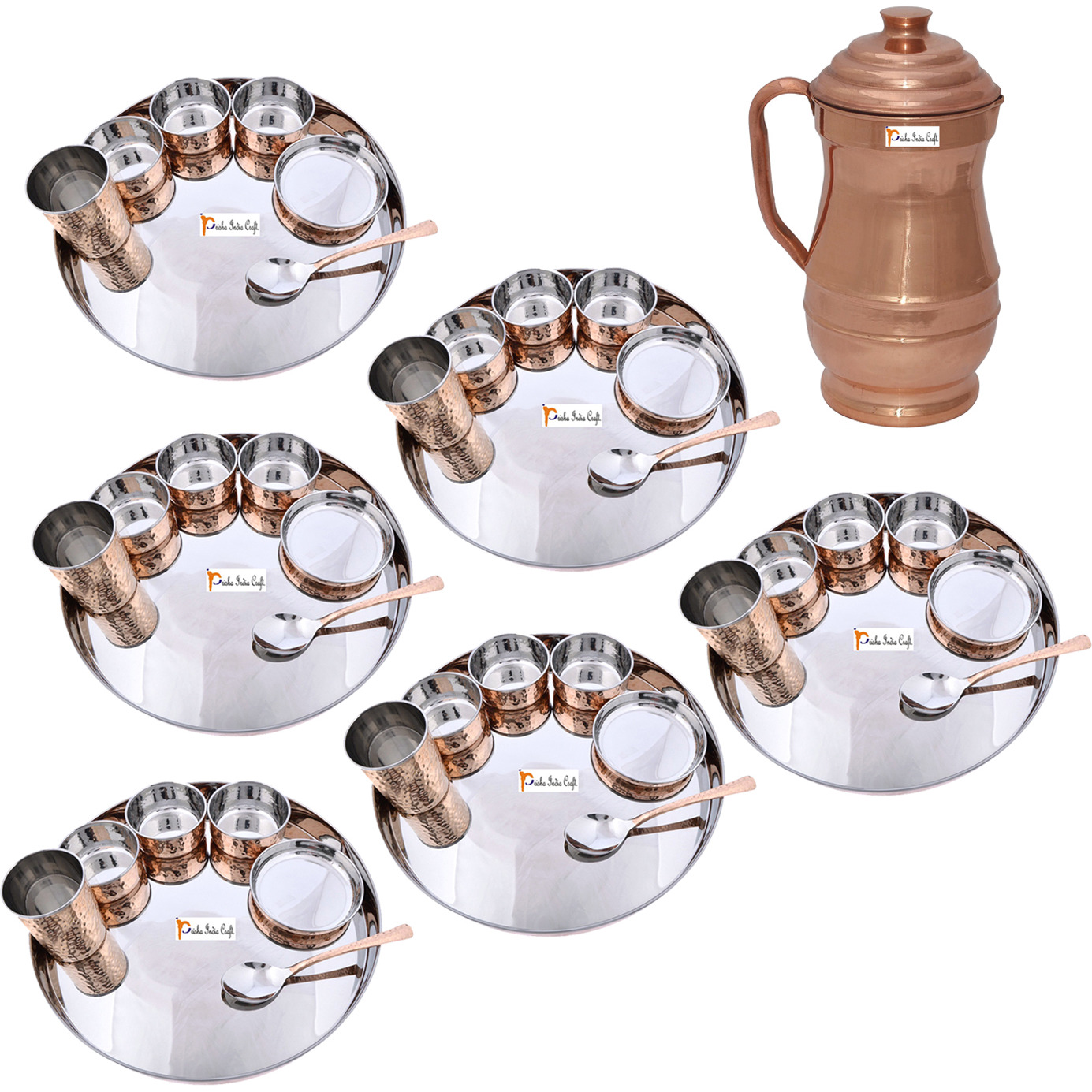 Prisha India Craft B. Set of 6 Dinnerware Traditional Stainless Steel Copper Dinner Set of Thali Plate, Bowls, Glass and Spoon, Dia 13  With 1 Pure Copper Maharaja Pitcher Jug - Christmas Gift