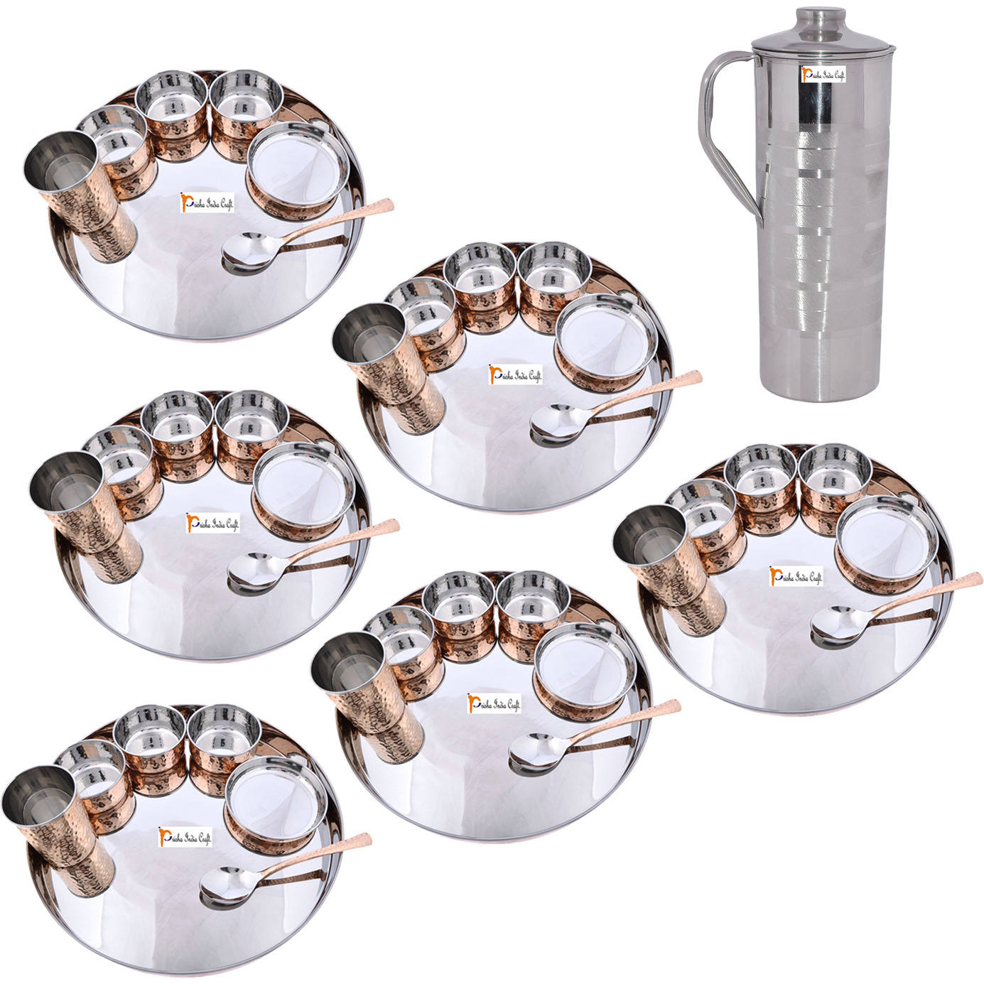 Prisha India Craft B. Set of 6 Dinnerware Traditional Stainless Steel Copper Dinner Set of Thali Plate, Bowls, Glass and Spoon, Dia 13  With 1 Luxury Style Stainless Steel Copper Pitcher Jug - Christmas Gift