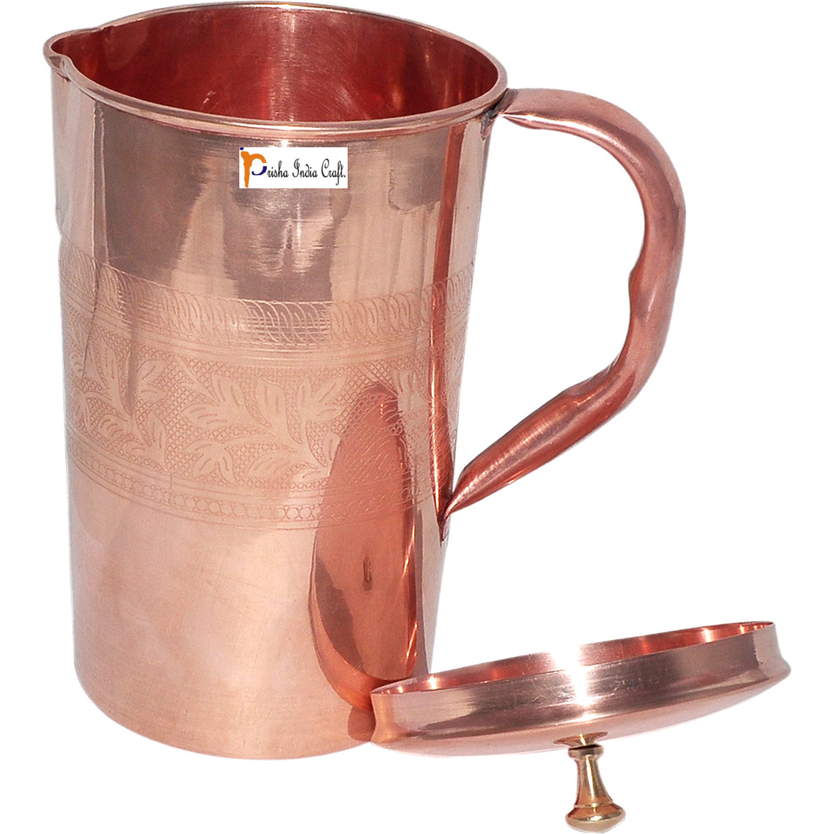 Prisha India Craft B. Set of 6 Dinnerware Traditional Stainless Steel Copper Dinner Set of Thali Plate, Bowls, Glass and Spoon, Dia 13  With 1 Pure Copper Embossed Pitcher Jug - Christmas Gift