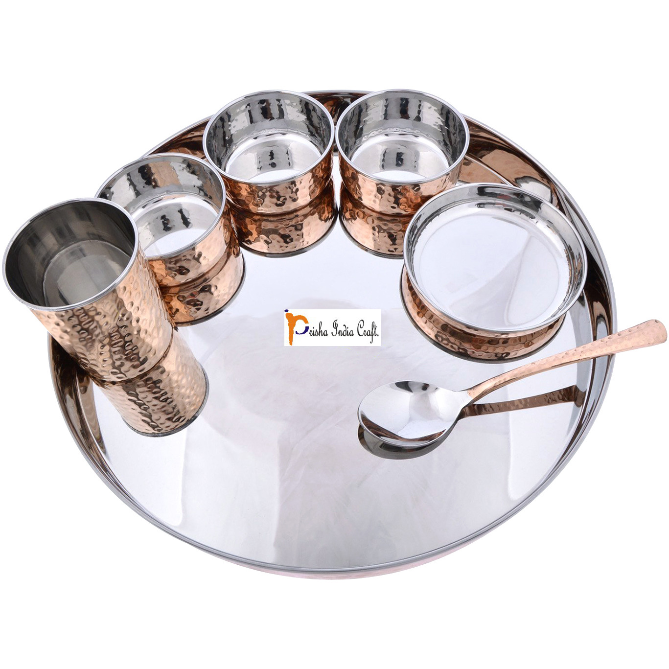 Prisha India Craft B. Set of 6 Dinnerware Traditional Stainless Steel Copper Dinner Set of Thali Plate, Bowls, Glass and Spoon, Dia 13  With 1 Pure Copper Pitcher Jug - Christmas Gift