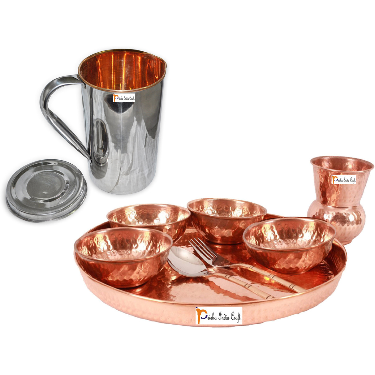 Prisha India Craft B. Dinnerware Traditional 100% Pure Copper Dinner Set of Thali Plate, Bowls, Glass and Spoon, Dia 12  With 1 Stainless Steel Copper Pitcher Jug - Christmas Gift