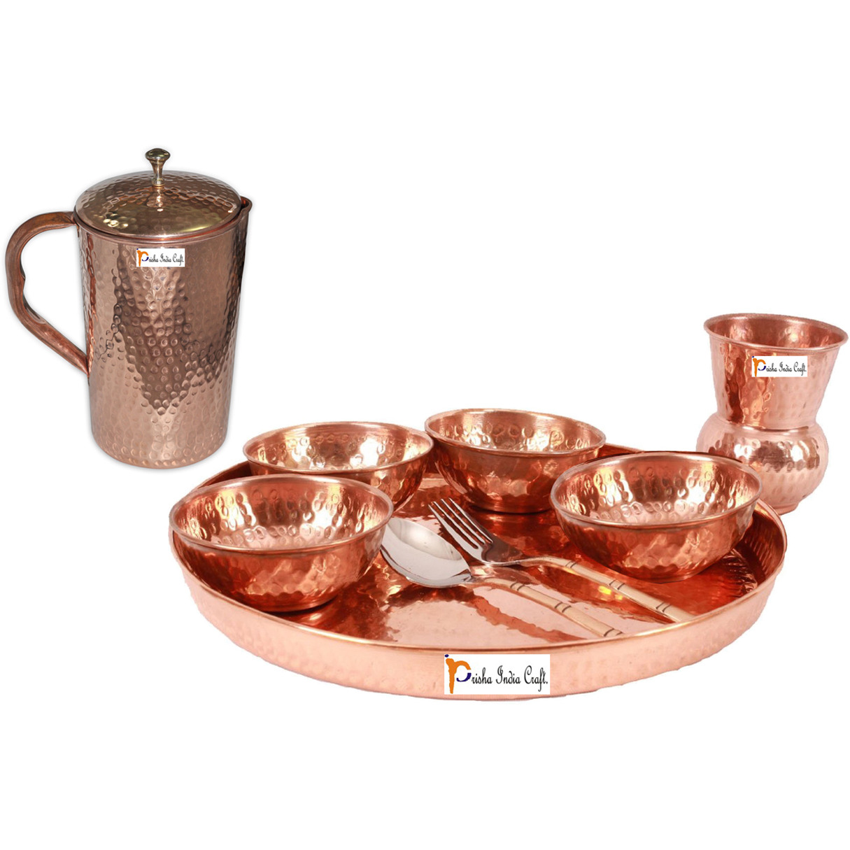 Prisha India Craft B. Dinnerware Traditional 100% Pure Copper Dinner Set of Thali Plate, Bowls, Glass and Spoon, Dia 12  With 1 Pure Copper Hammered Pitcher Jug - Christmas Gift