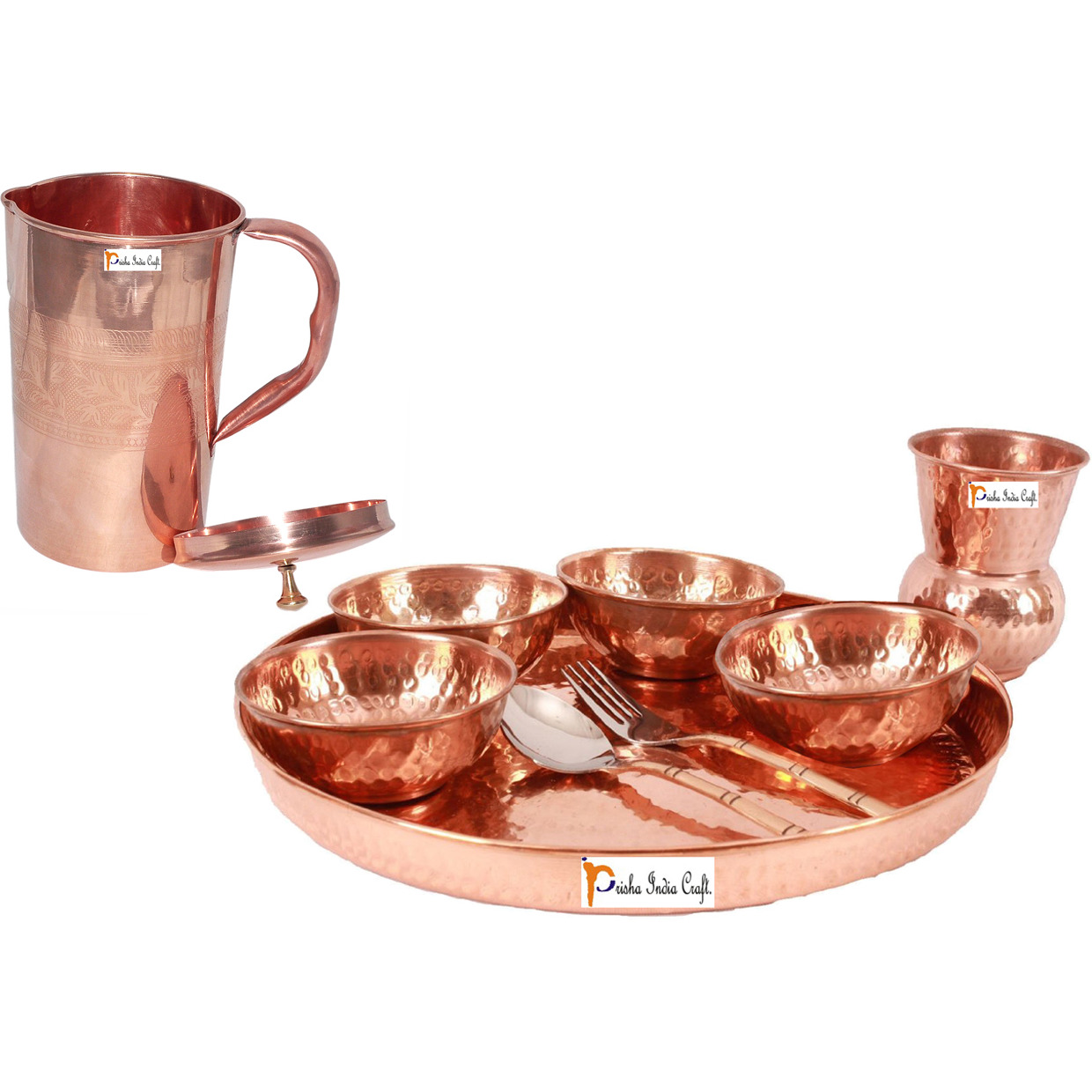 Prisha India Craft B. Dinnerware Traditional 100% Pure Copper Dinner Set of Thali Plate, Bowls, Glass and Spoon, Dia 12  With 1 Pure Copper Embossed Pitcher Jug - Christmas Gift