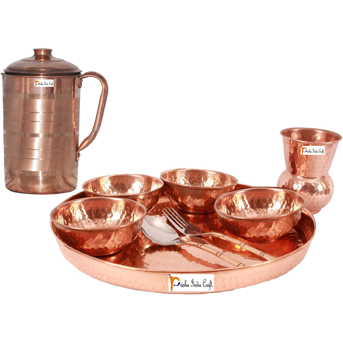 Prisha India Craft B. Dinnerware Traditional 100% Pure Copper Dinner Set of Thali Plate, Bowls, Glass and Spoon, Dia 12  With 1 Pure Copper Pitcher Jug - Christmas Gift