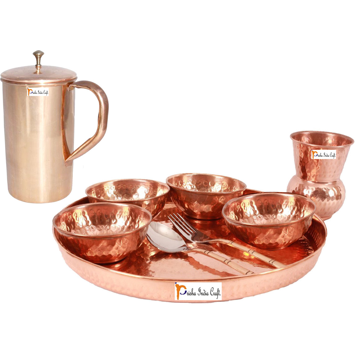 Prisha India Craft B. Dinnerware Traditional 100% Pure Copper Dinner Set of Thali Plate, Bowls, Glass and Spoon, Dia 12  With 1 Pure Copper Classic Pitcher Jug - Christmas Gift