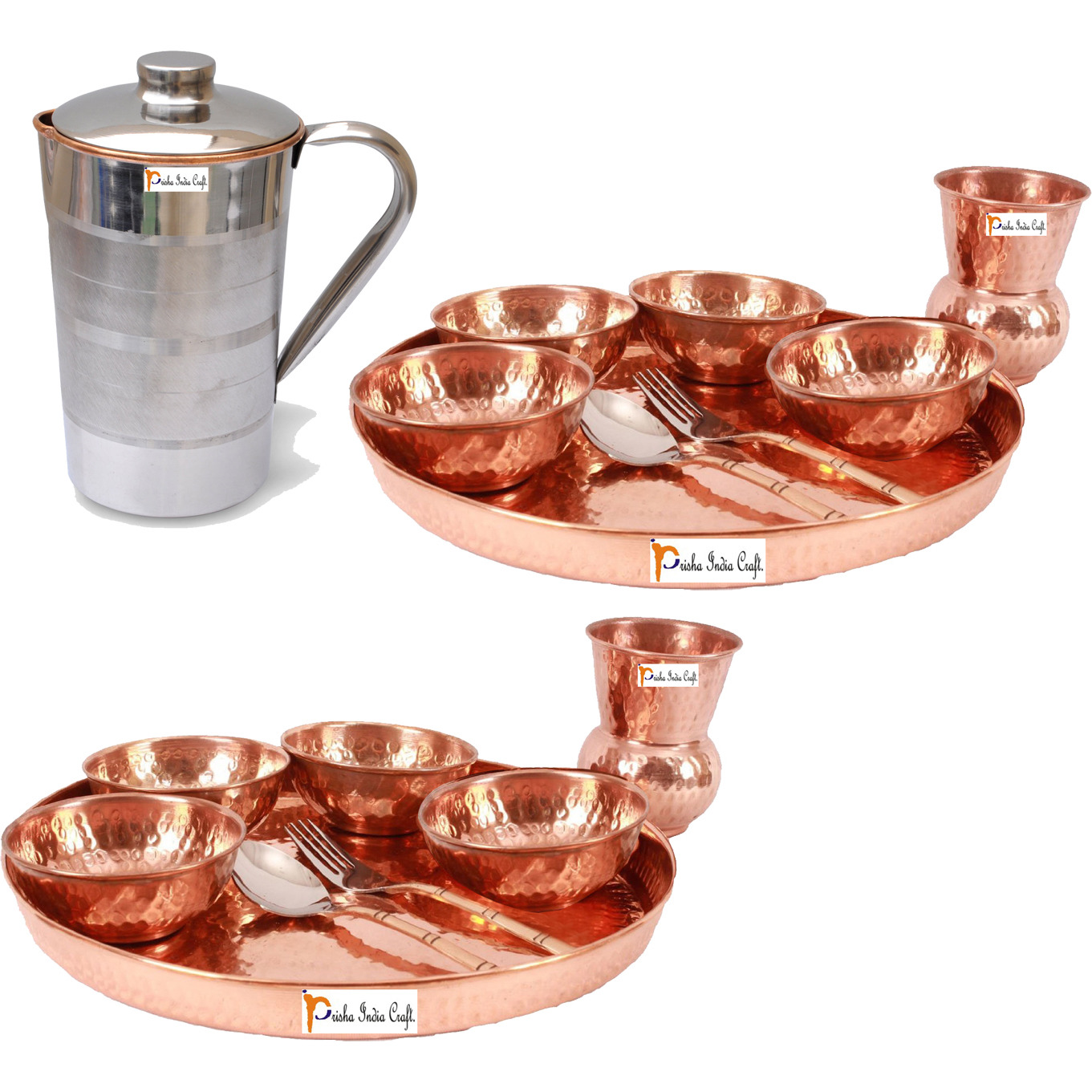 Prisha India Craft B. Set of 2 Dinnerware Traditional 100% Pure Copper Dinner Set of Thali Plate, Bowls, Glass and Spoon, Dia 12  With 1 Pure Copper Pitcher Jug - Christmas Gift