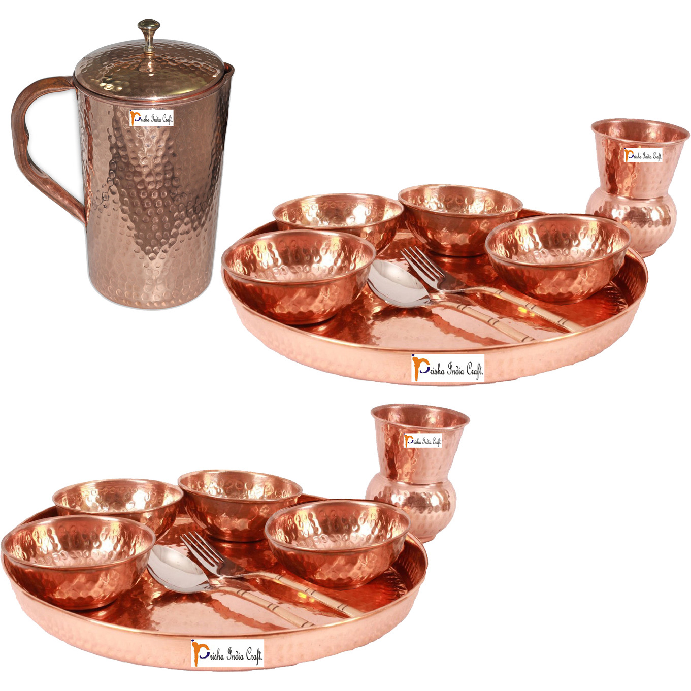 Prisha India Craft B. Set of 2 Dinnerware Traditional 100% Pure Copper Dinner Set of Thali Plate, Bowls, Glass and Spoon, Dia 12  With 1 Pure Copper Hammered Pitcher Jug - Christmas Gift