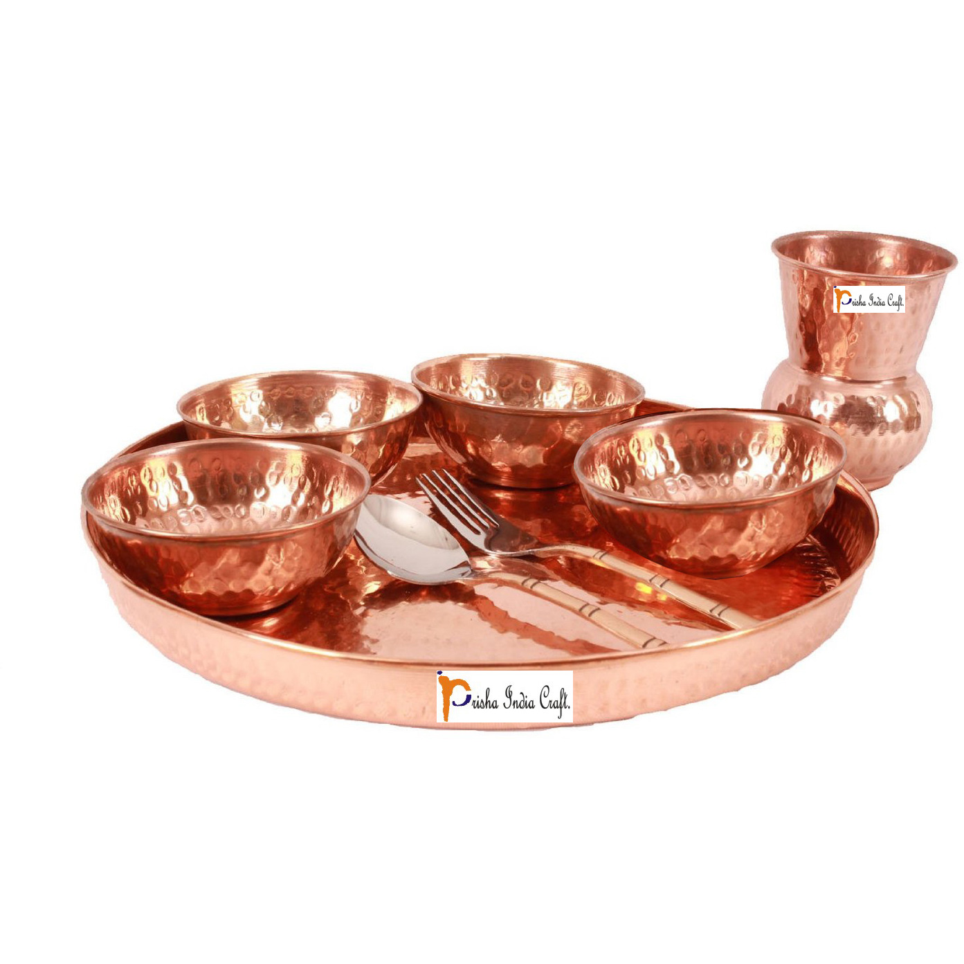 Prisha India Craft B. Set of 2 Dinnerware Traditional 100% Pure Copper Dinner Set of Thali Plate, Bowls, Glass and Spoon, Dia 12  With 1 Pure Copper Hammered Pitcher Jug - Christmas Gift