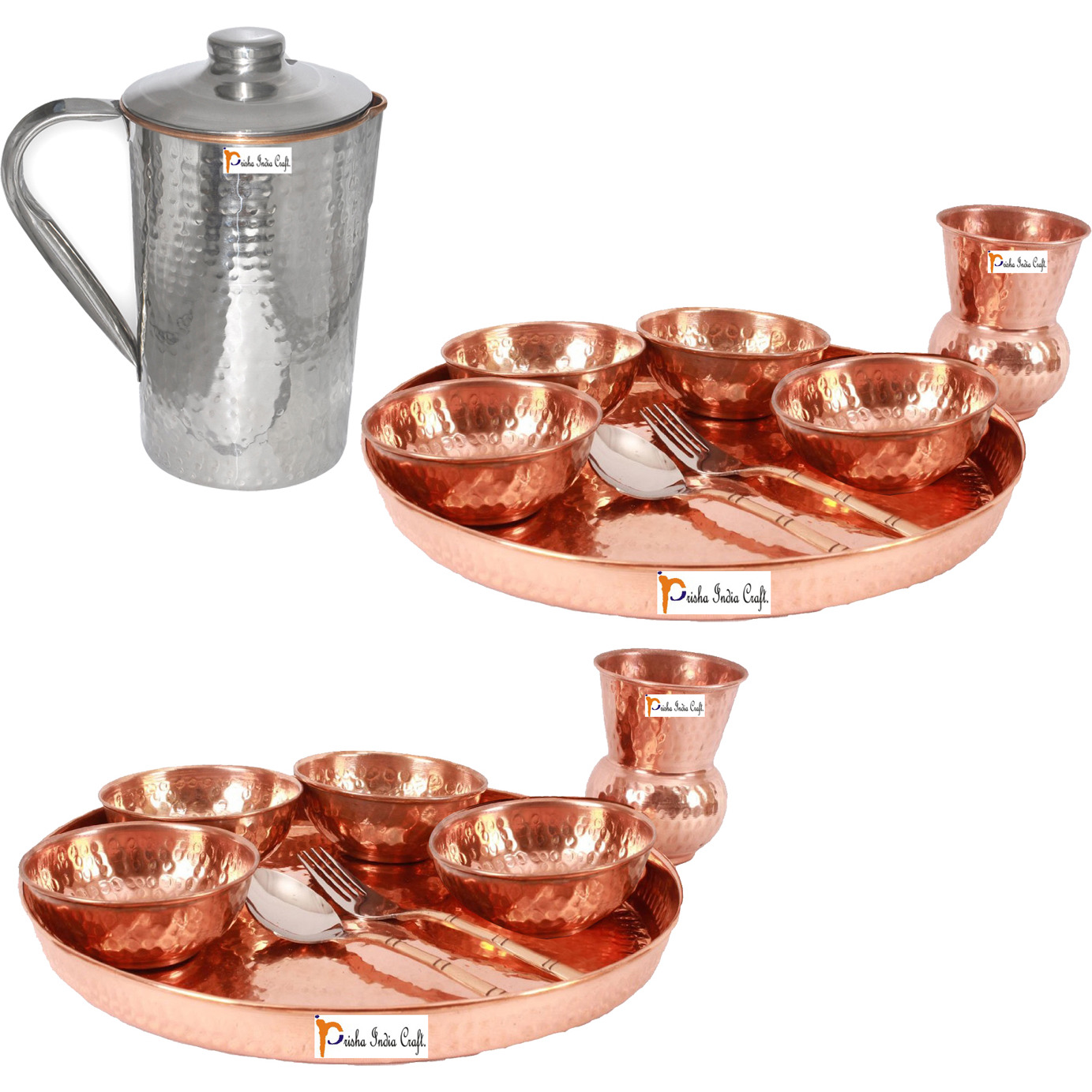 Prisha India Craft B. Set of 2 Dinnerware Traditional 100% Pure Copper Dinner Set of Thali Plate, Bowls, Glass and Spoon, Dia 12  With 1 Stainless Steel Copper Hammered Pitcher Jug - Christmas Gift