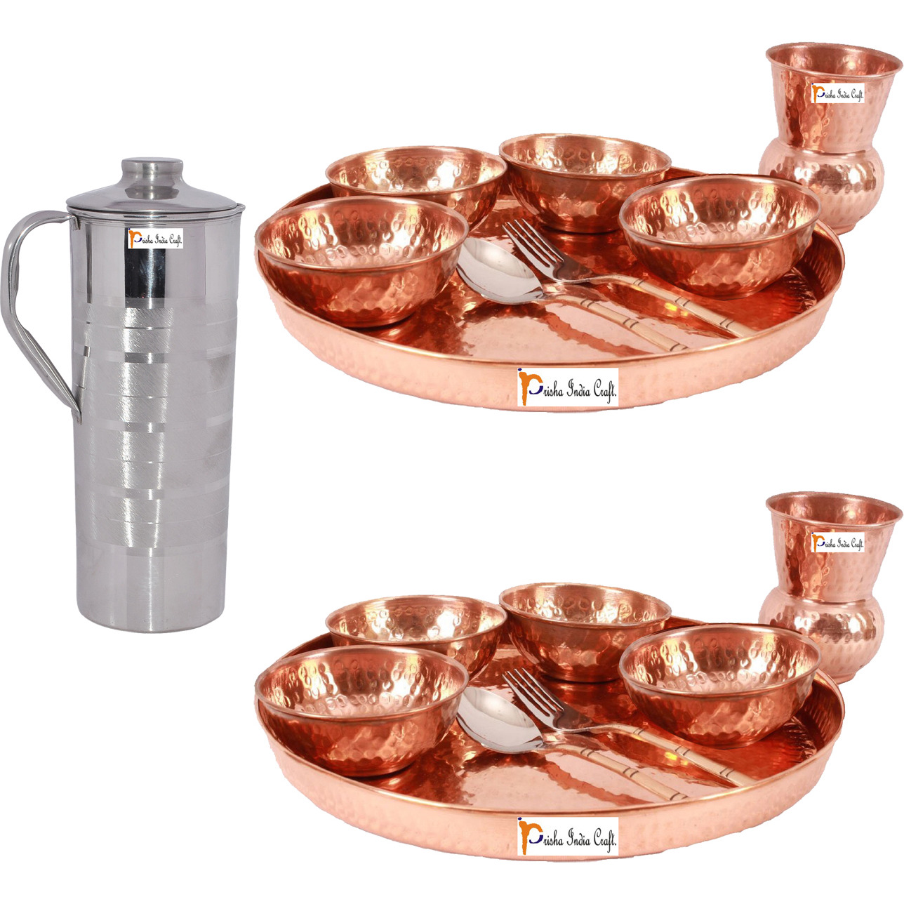 Prisha India Craft B. Set of 2 Dinnerware Traditional 100% Pure Copper Dinner Set of Thali Plate, Bowls, Glass and Spoon, Dia 12  With 1 Luxury Style Stainless Steel Copper Pitcher Jug - Christmas Gift