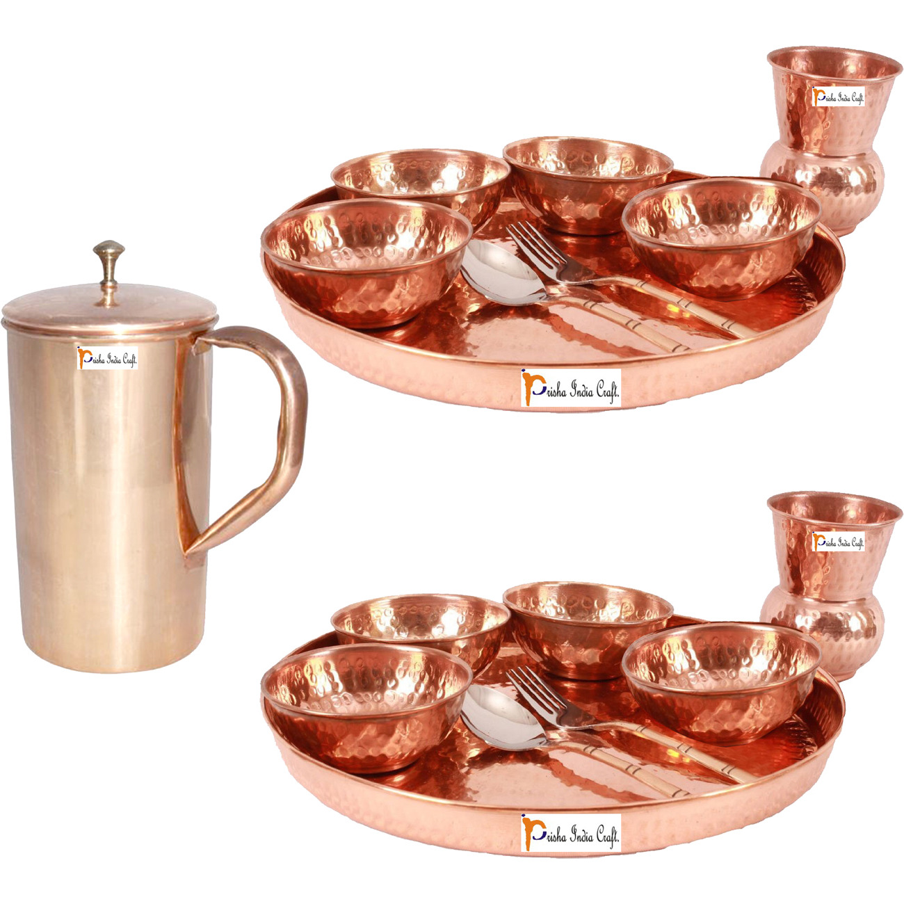 Prisha India Craft B. Set of 2 Dinnerware Traditional 100% Pure Copper Dinner Set of Thali Plate, Bowls, Glass and Spoon, Dia 12  With 1 Pure Copper Classic Pitcher Jug - Christmas Gift