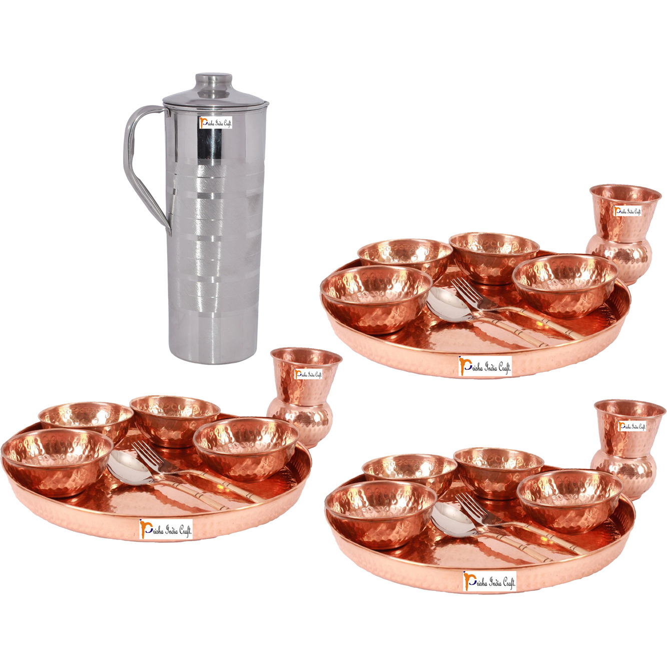 Prisha India Craft B. Set of 3 Dinnerware Traditional 100% Pure Copper Dinner Set of Thali Plate, Bowls, Glass and Spoon, Dia 12  With 1 Luxury Style Stainless Steel Copper Pitcher Jug - Christmas Gift