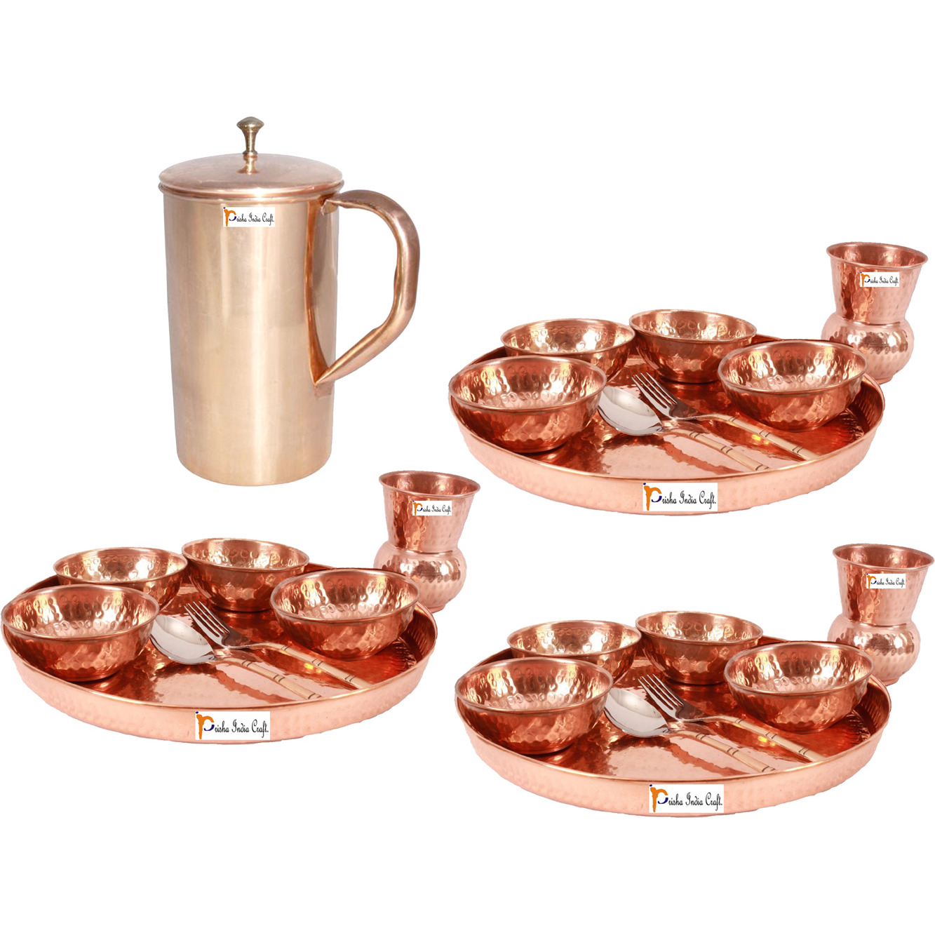 Prisha India Craft B. Set of 3 Dinnerware Traditional 100% Pure Copper Dinner Set of Thali Plate, Bowls, Glass and Spoon, Dia 12  With 1 Pure Copper Classic Pitcher Jug - Christmas Gift