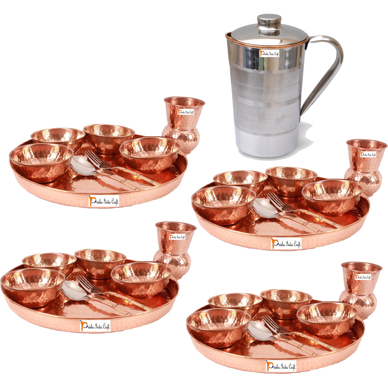 Prisha India Craft B. Set of 4 Dinnerware Traditional 100% Pure Copper Dinner Set of Thali Plate, Bowls, Glass and Spoon, Dia 12  With 1 Pure Copper Pitcher Jug - Christmas Gift