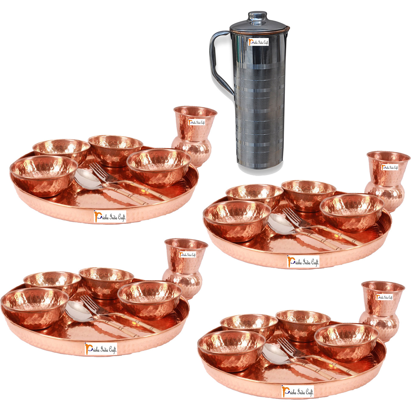 Prisha India Craft B. Set of 4 Dinnerware Traditional 100% Pure Copper Dinner Set of Thali Plate, Bowls, Glass and Spoon, Dia 12  With 1 Luxury Style Stainless Steel Copper Pitcher Jug - Christmas Gift
