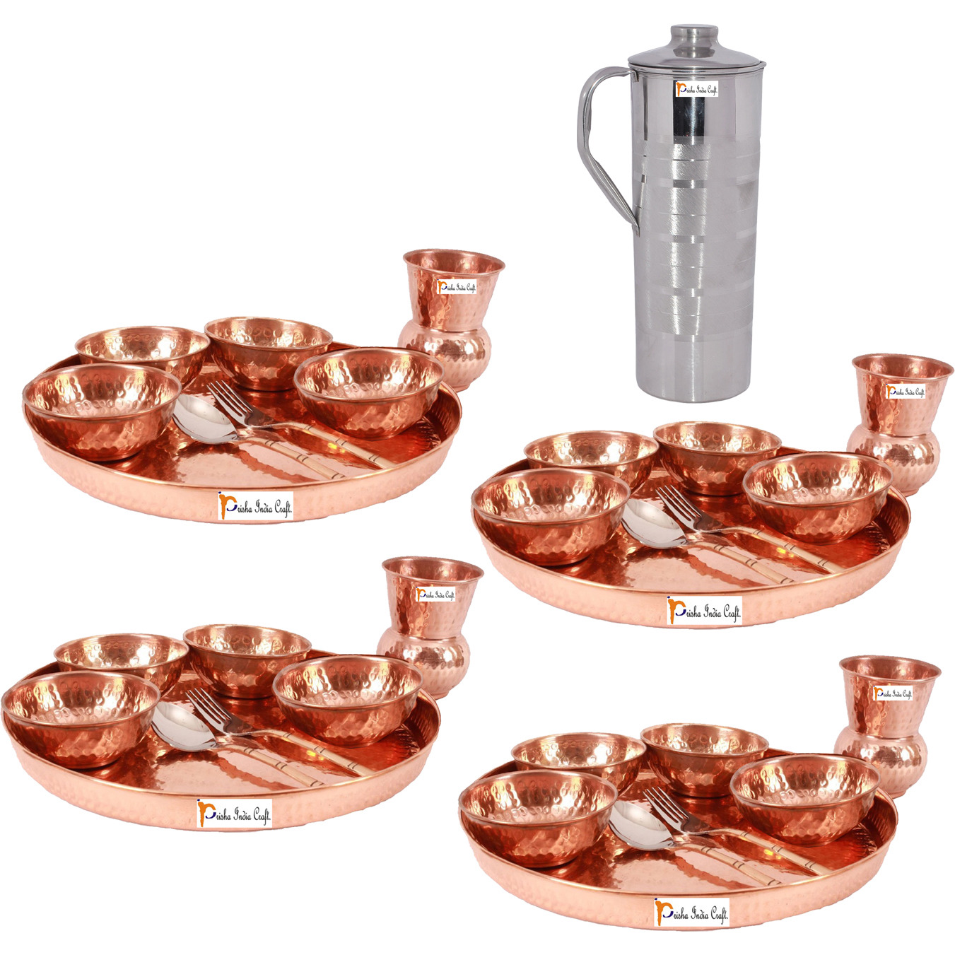 Prisha India Craft B. Set of 4 Dinnerware Traditional 100% Pure Copper Dinner Set of Thali Plate, Bowls, Glass and Spoon, Dia 12  With 1 Luxury Style Stainless Steel Copper Pitcher Jug - Christmas Gift