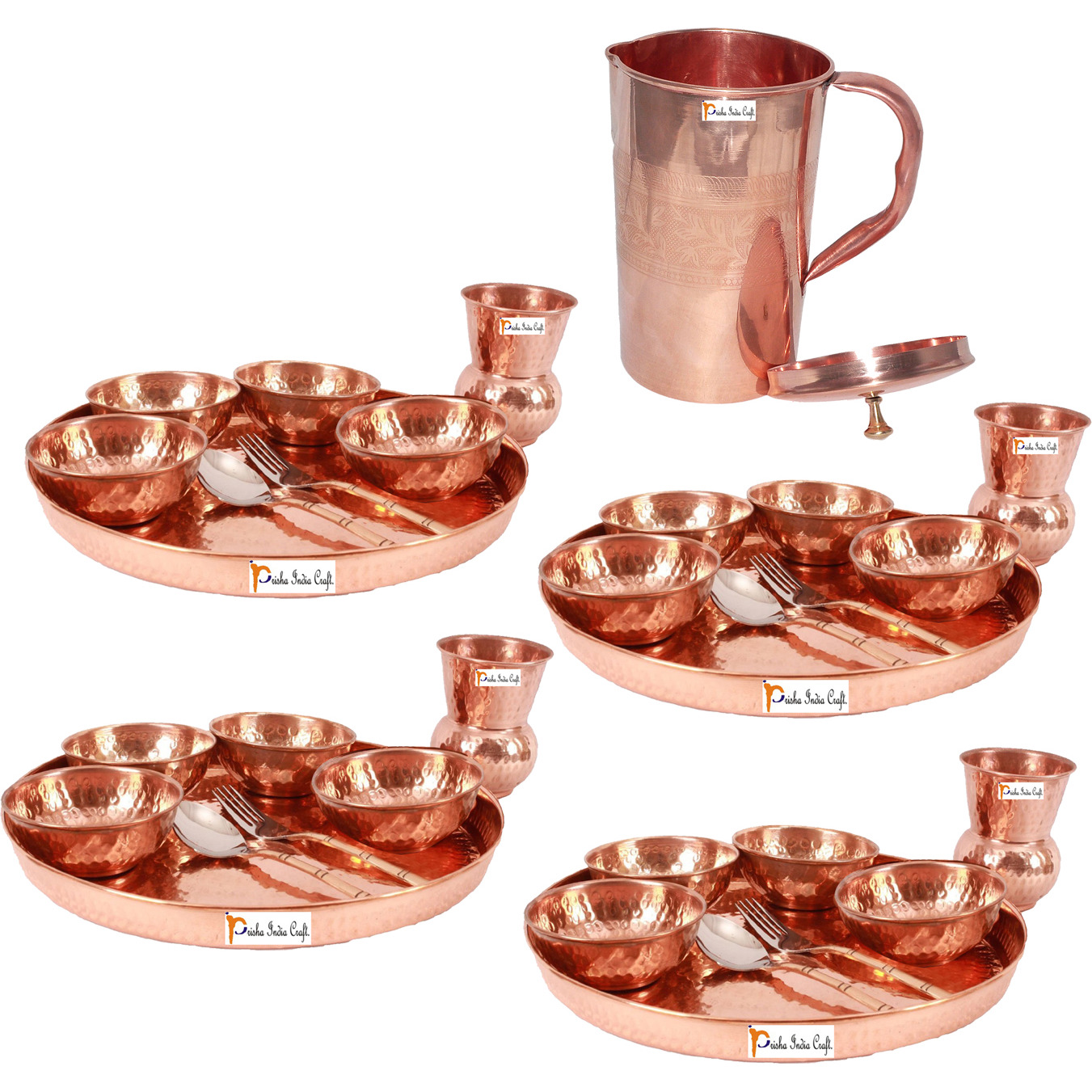 Prisha India Craft B. Set of 4 Dinnerware Traditional 100% Pure Copper Dinner Set of Thali Plate, Bowls, Glass and Spoon, Dia 12  With 1 Pure Copper Embossed Pitcher Jug - Christmas Gift