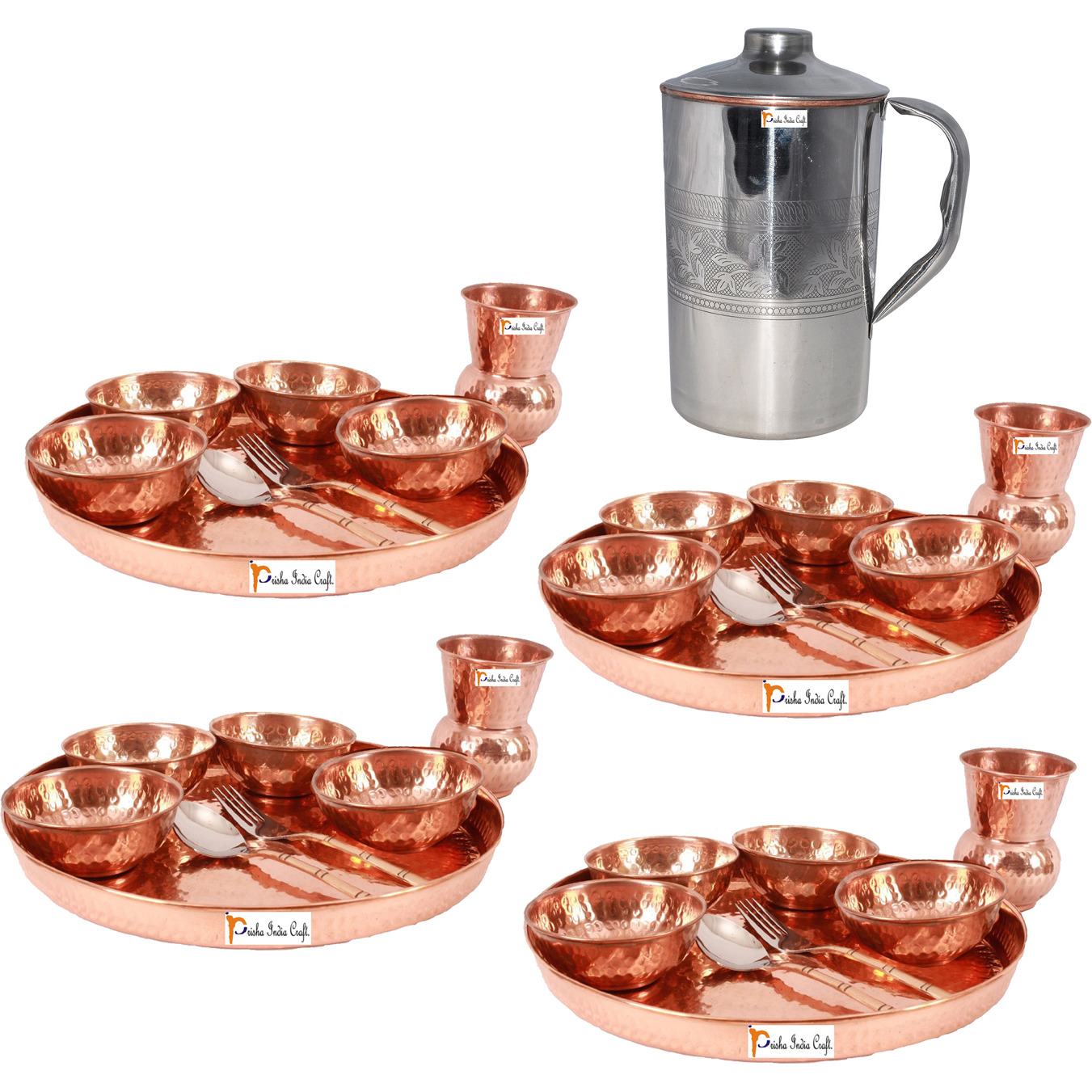 Prisha India Craft B. Set of 4 Dinnerware Traditional 100% Pure Copper Dinner Set of Thali Plate, Bowls, Glass and Spoon, Dia 12  With 1 Embossed Stainless Steel Copper Pitcher Jug - Christmas Gift