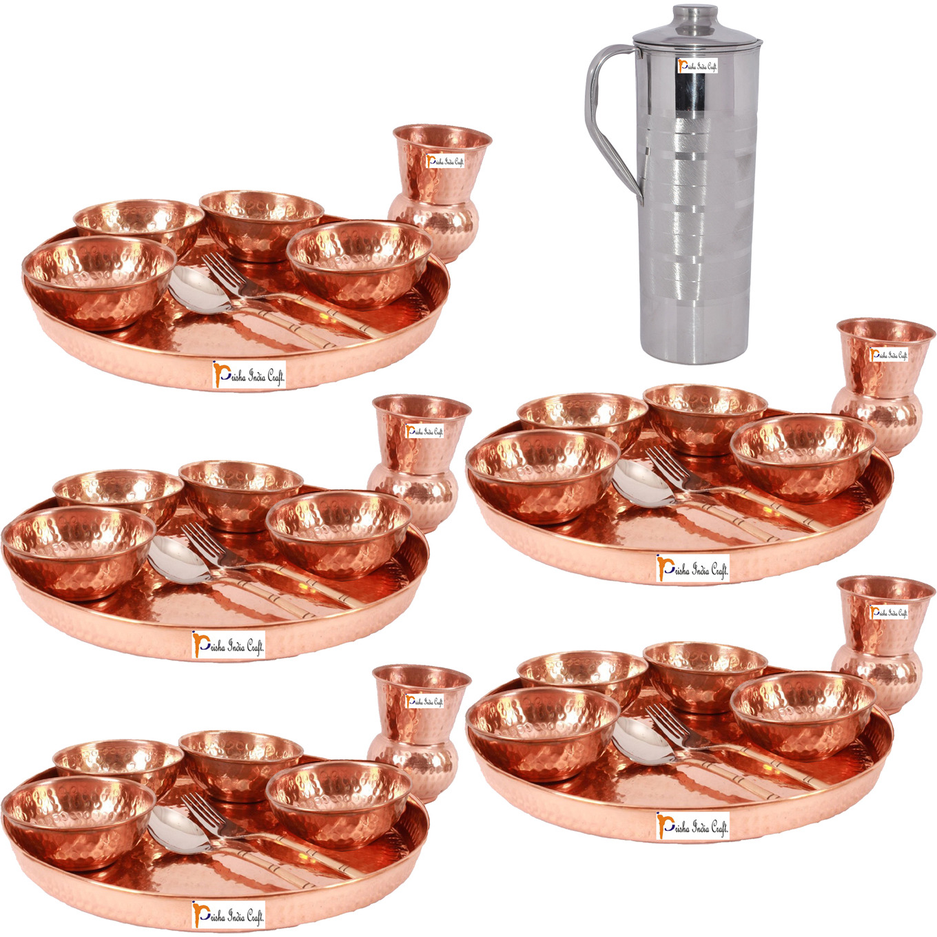 Prisha India Craft B. Set of 5 Dinnerware Traditional 100% Pure Copper Dinner Set of Thali Plate, Bowls, Glass and Spoon, Dia 12  With 1 Luxury Style Stainless Steel Copper Pitcher Jug - Christmas Gift