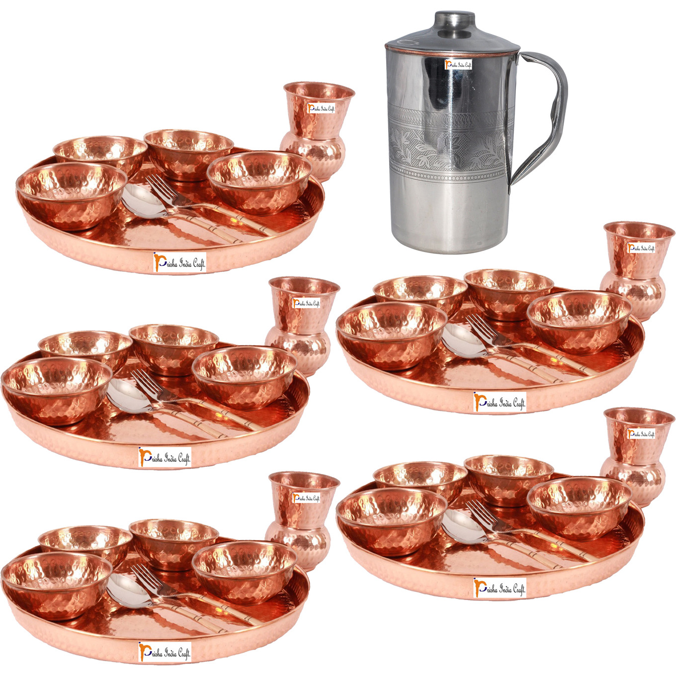 Prisha India Craft B. Set of 5 Dinnerware Traditional 100% Pure Copper Dinner Set of Thali Plate, Bowls, Glass and Spoon, Dia 12  With 1 Embossed Stainless Steel Copper Pitcher Jug - Christmas Gift