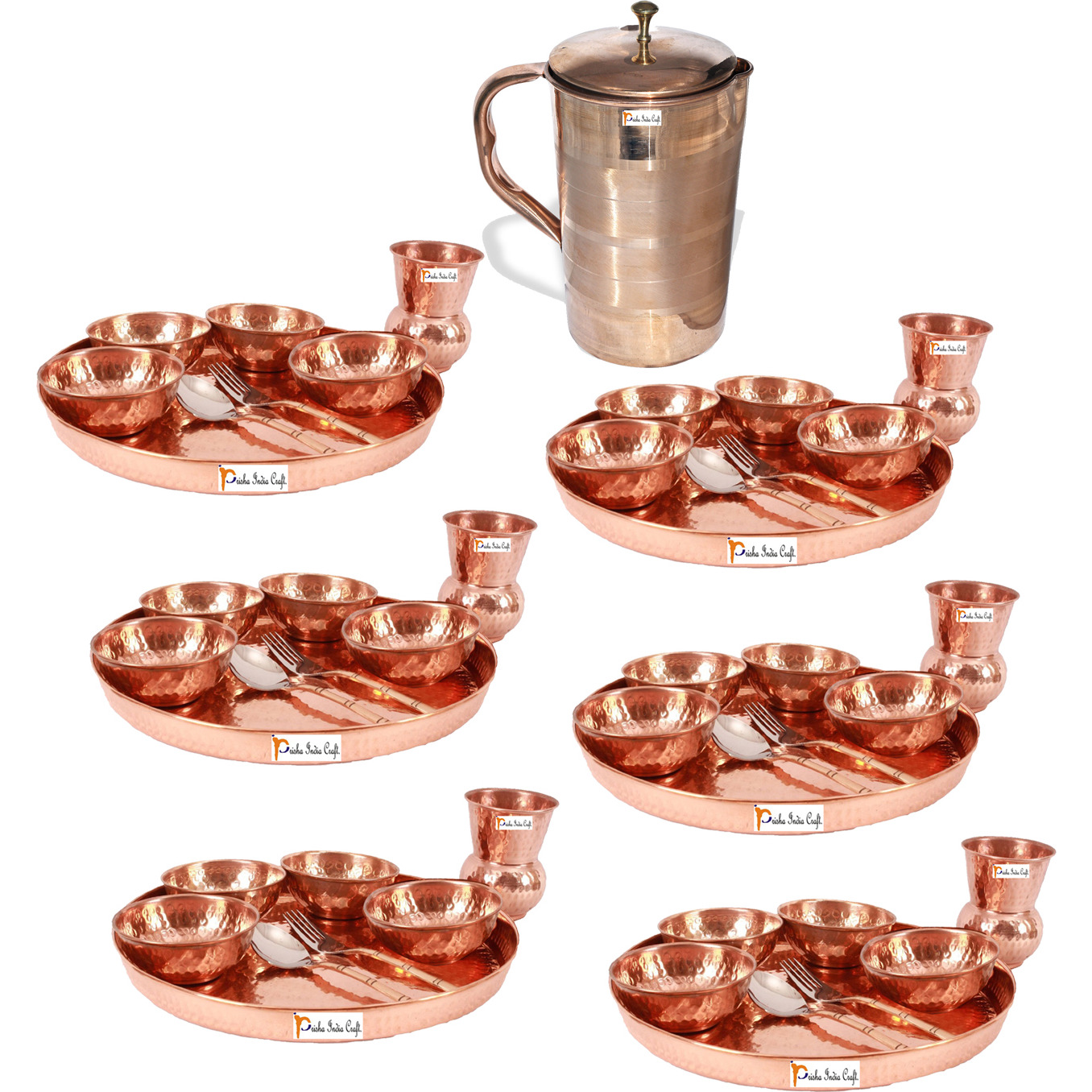 Prisha India Craft B. Set of 6 Dinnerware Traditional 100% Pure Copper Dinner Set of Thali Plate, Bowls, Glass and Spoon, Dia 12  With 1 Luxury Style Pure Copper Pitcher Jug - Christmas Gift