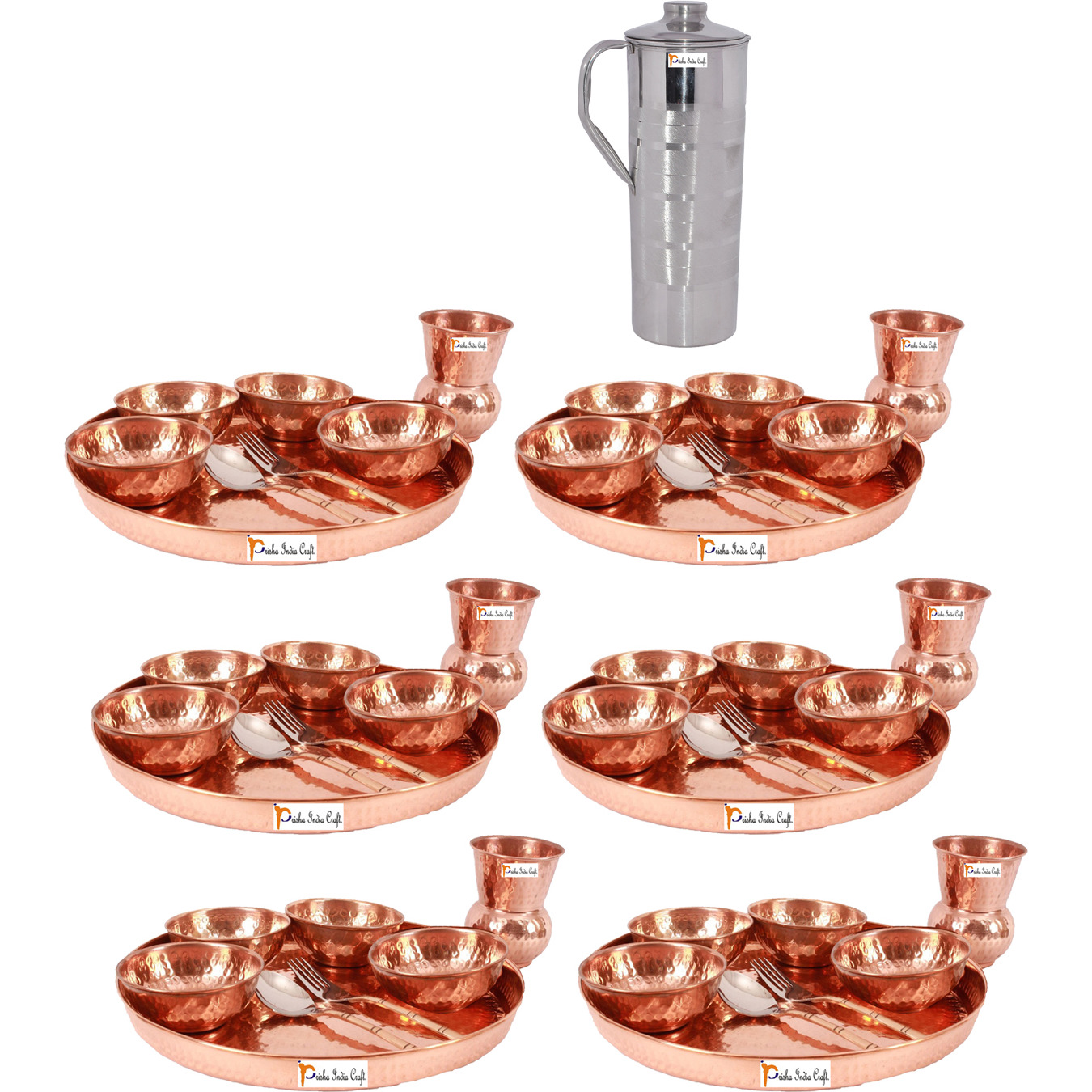 Prisha India Craft B. Set of 6 Dinnerware Traditional 100% Pure Copper Dinner Set of Thali Plate, Bowls, Glass and Spoon, Dia 12  With 1 Luxury Style Stainless Steel Copper Pitcher Jug - Christmas Gift