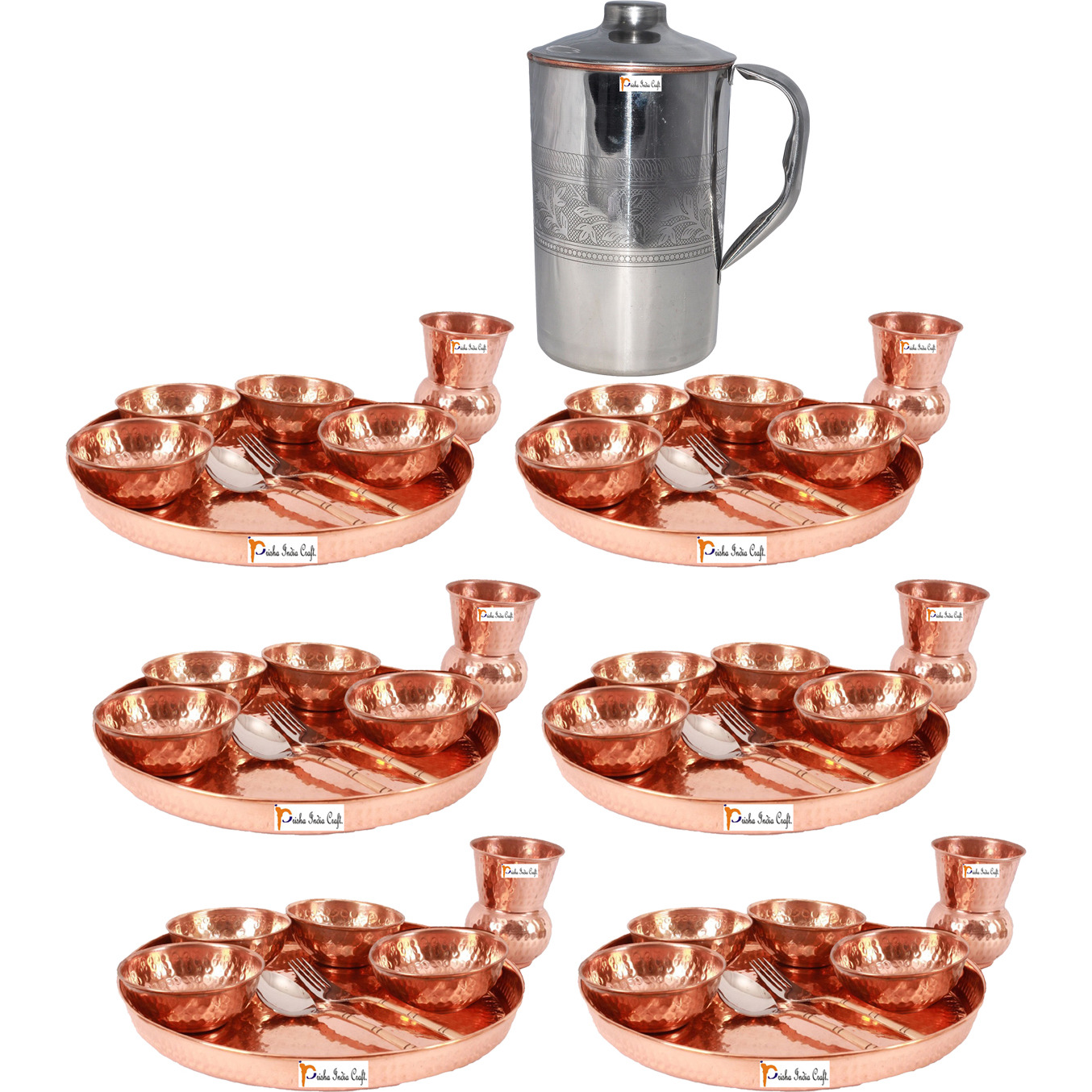 Prisha India Craft B. Set of 6 Dinnerware Traditional 100% Pure Copper Dinner Set of Thali Plate, Bowls, Glass and Spoon, Dia 12  With 1 Embossed Stainless Steel Copper Pitcher Jug - Christmas Gift