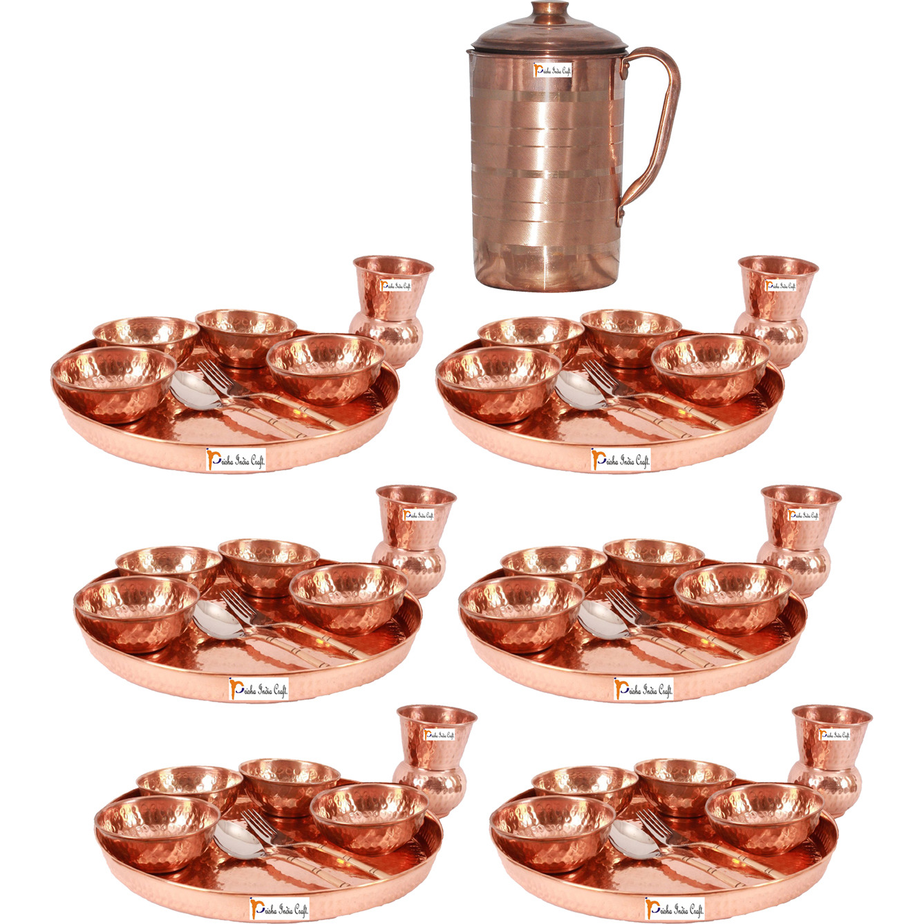 Prisha India Craft B. Set of 6 Dinnerware Traditional 100% Pure Copper Dinner Set of Thali Plate, Bowls, Glass and Spoon, Dia 12  With 1 Pure Copper Pitcher Jug - Christmas Gift