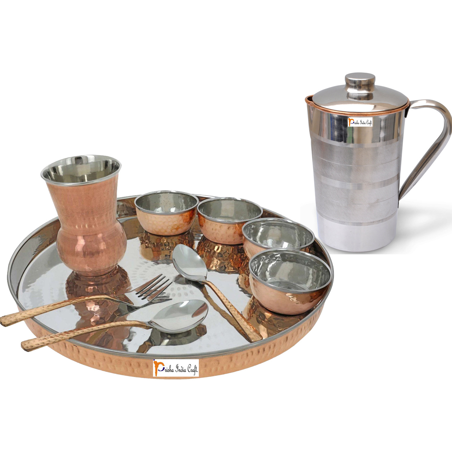 Prisha India Craft B. Dinnerware Traditional Stainless Steel Copper Dinner Set of Thali Plate, Bowls, Glass and Spoons, Dia 13  With 1 Pure Copper Pitcher Jug - Christmas Gift