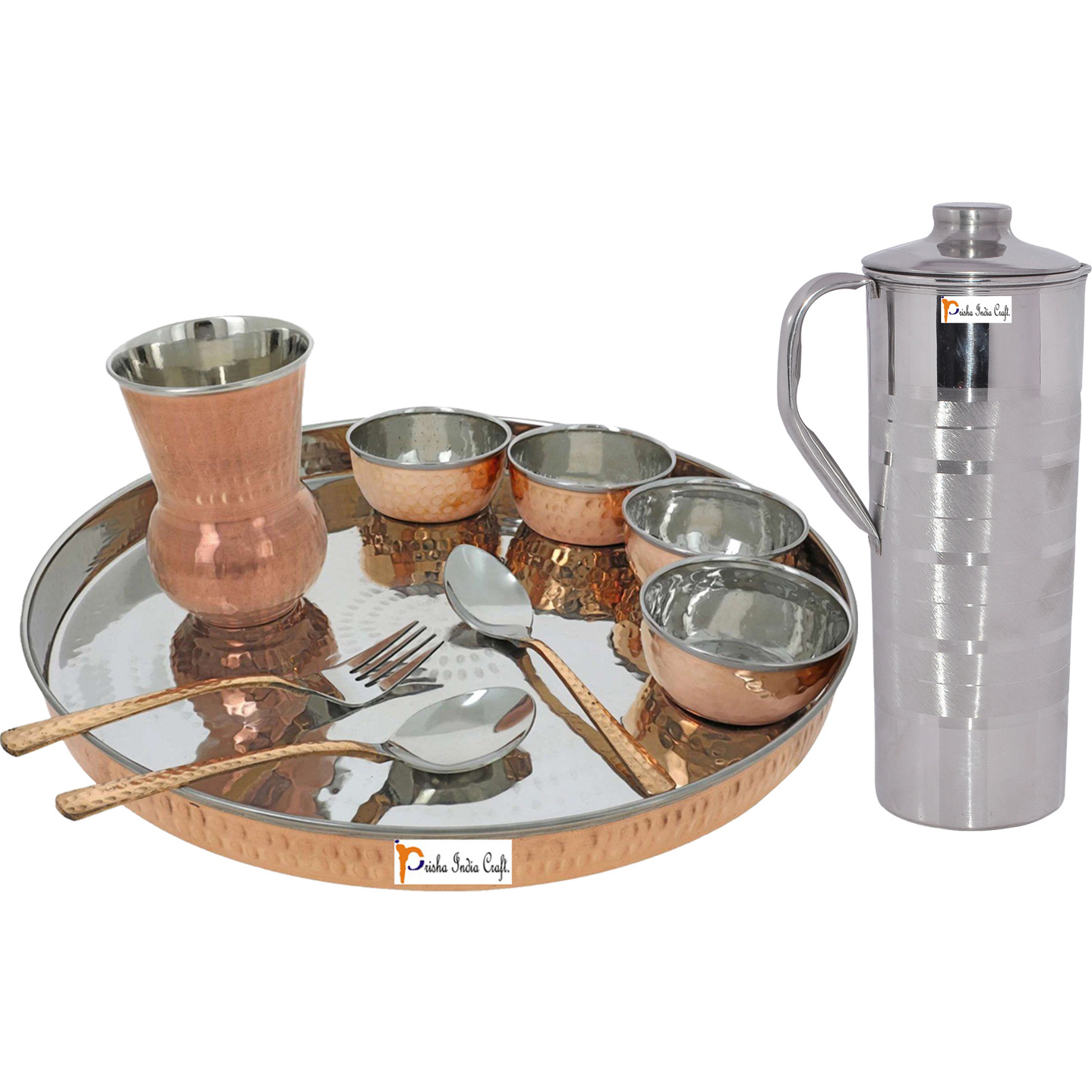 Prisha India Craft B. Dinnerware Traditional Stainless Steel Copper Dinner Set of Thali Plate, Bowls, Glass and Spoons, Dia 13  With 1 Luxury Style Stainless Steel Copper Pitcher Jug - Christmas Gift