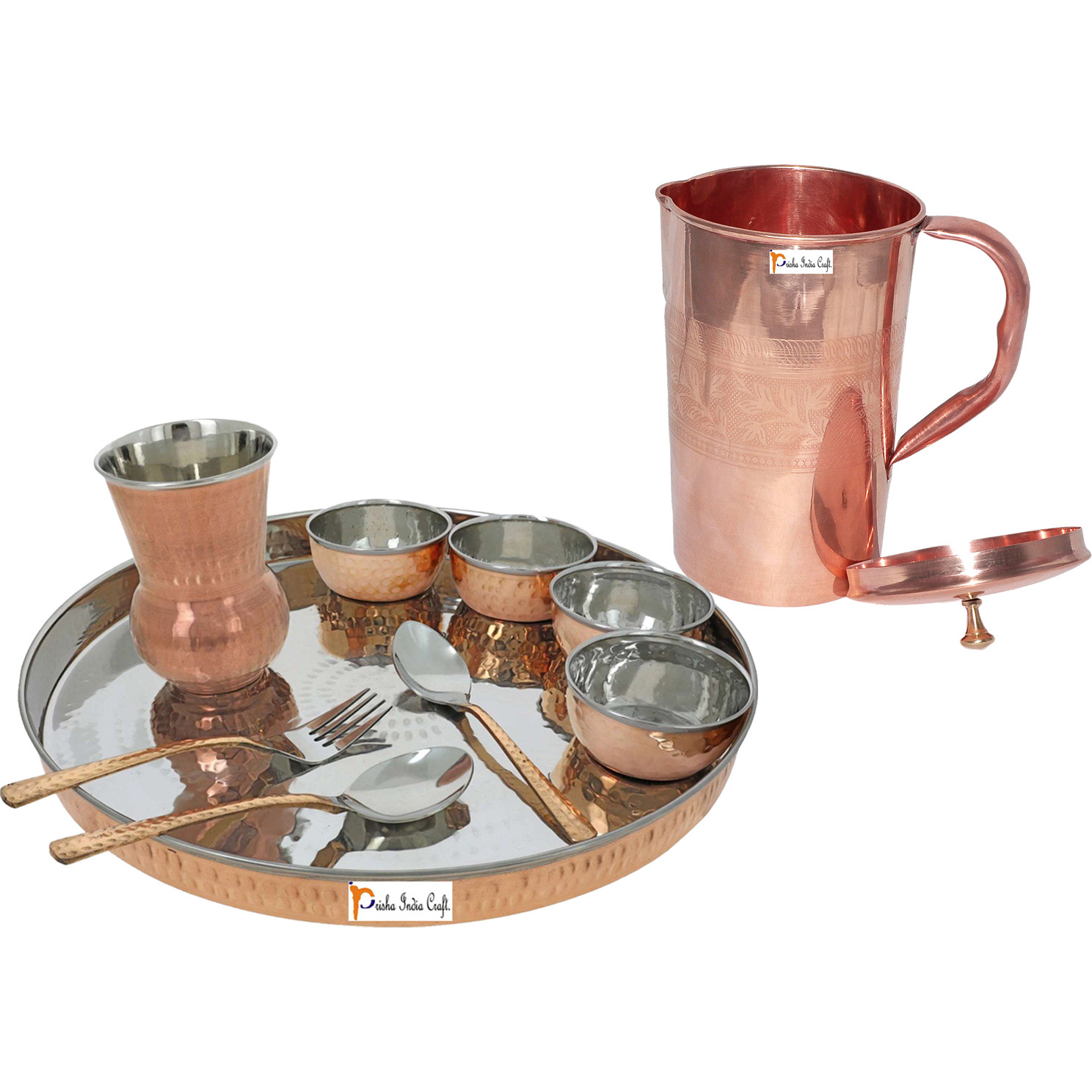 Prisha India Craft B. Dinnerware Traditional Stainless Steel Copper Dinner Set of Thali Plate, Bowls, Glass and Spoons, Dia 13  With 1 Pure Copper Embossed Pitcher Jug - Christmas Gift