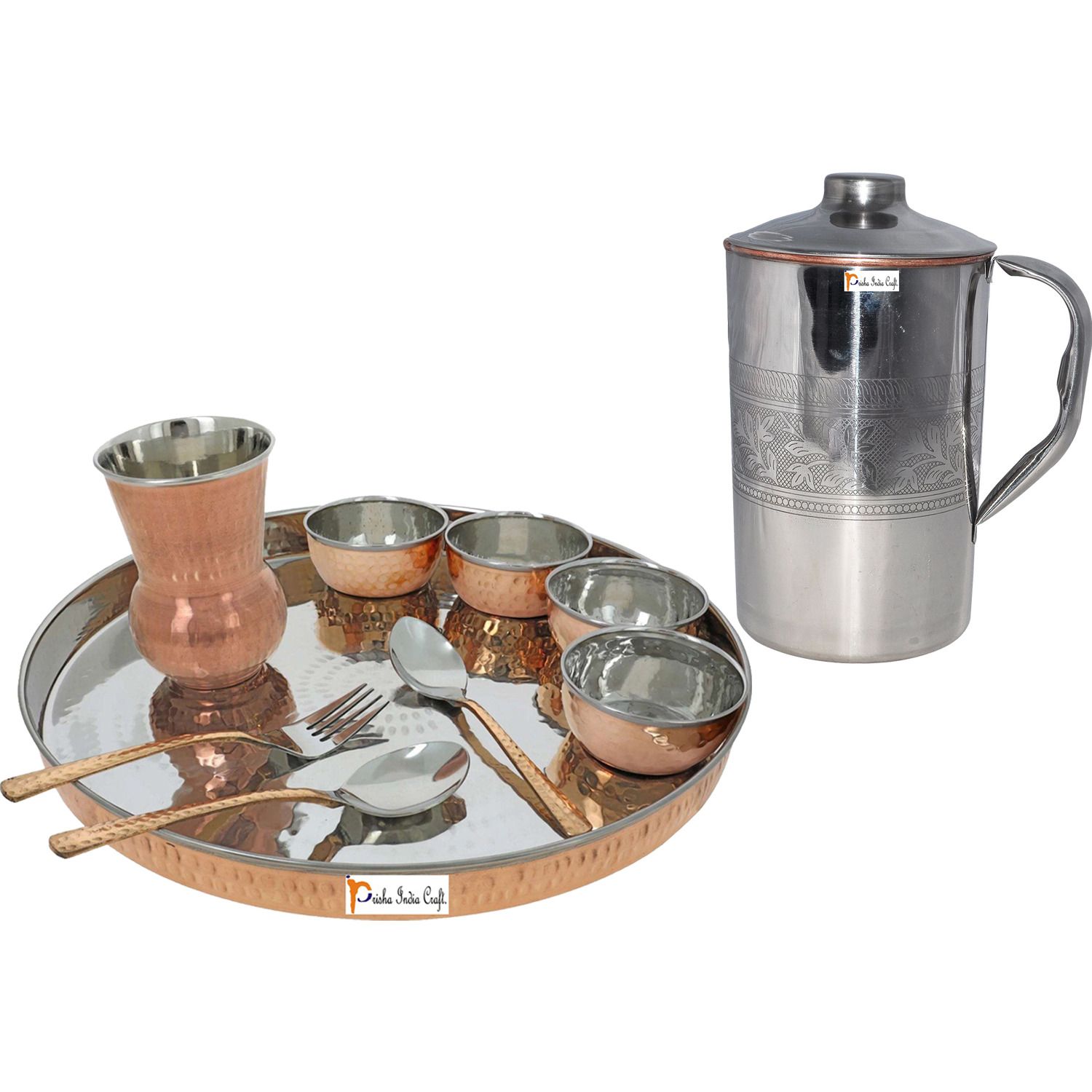 Prisha India Craft B. Dinnerware Traditional Stainless Steel Copper Dinner Set of Thali Plate, Bowls, Glass and Spoons, Dia 13  With 1 Embossed Stainless Steel Copper Pitcher Jug - Christmas Gift