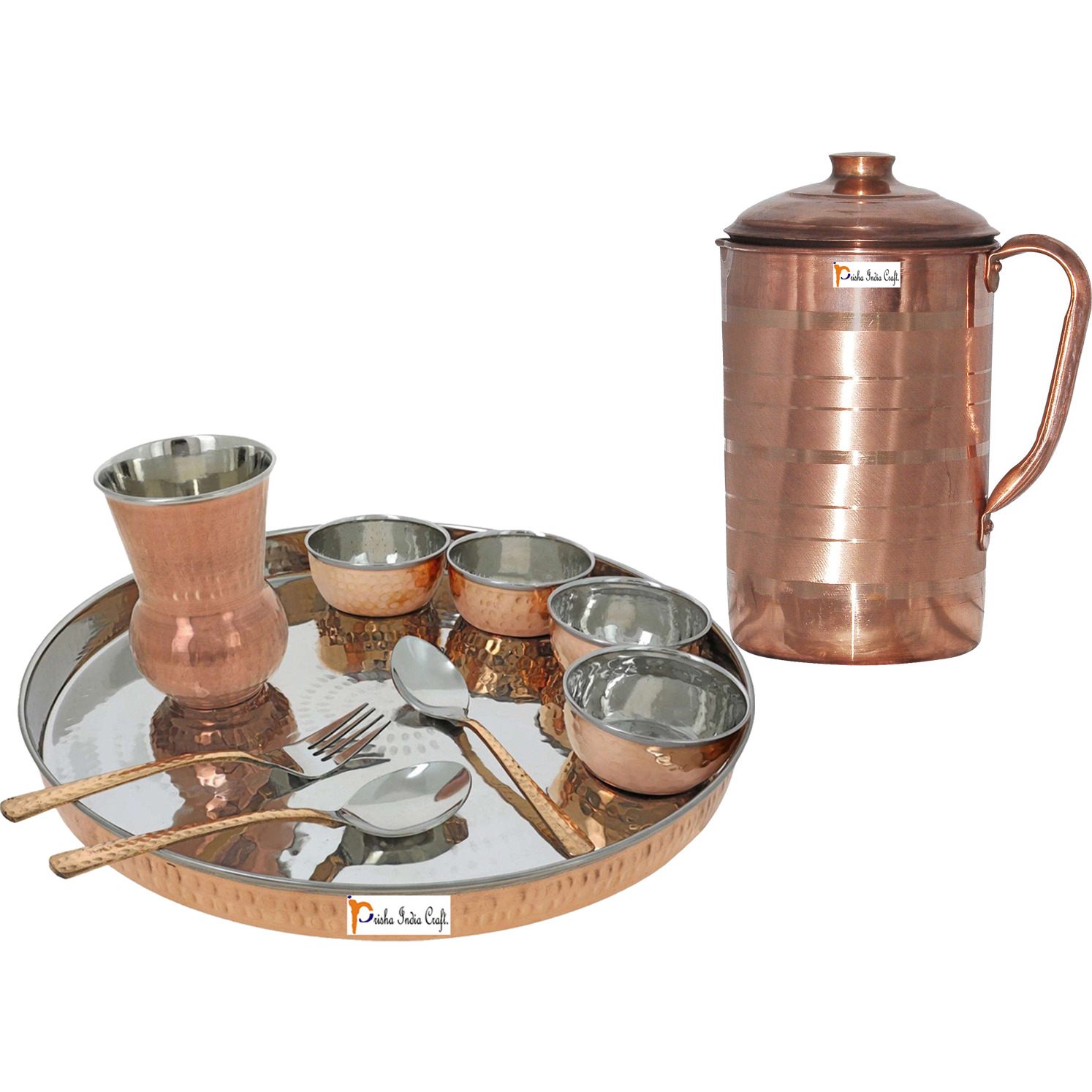 Prisha India Craft B. Dinnerware Traditional Stainless Steel Copper Dinner Set of Thali Plate, Bowls, Glass and Spoons, Dia 13  With 1 Pure Copper Pitcher Jug - Christmas Gift