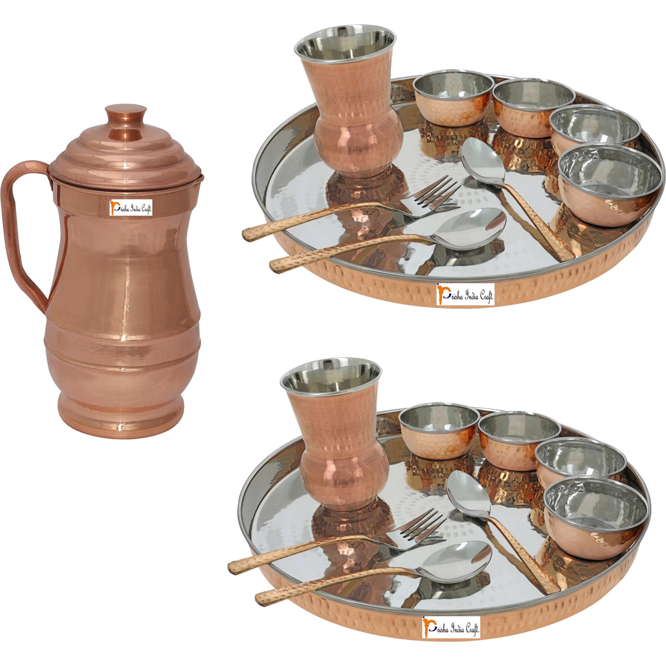 Prisha India Craft B. Set of 2 Dinnerware Traditional Stainless Steel Copper Dinner Set of Thali Plate, Bowls, Glass and Spoons, Dia 13  With 1 Pure Copper Maharaja Pitcher Jug - Christmas Gift