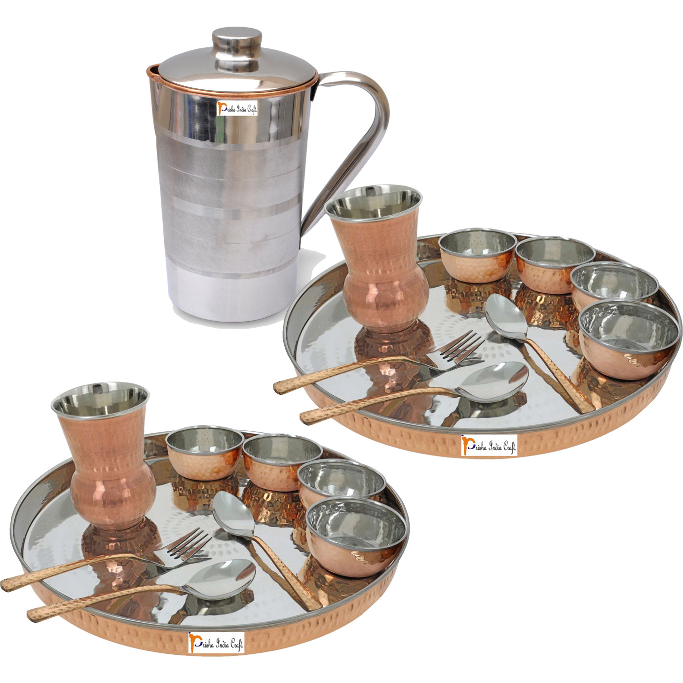 Prisha India Craft B. Set of 2 Dinnerware Traditional Stainless Steel Copper Dinner Set of Thali Plate, Bowls, Glass and Spoons, Dia 13  With 1 Pure Copper Pitcher Jug - Christmas Gift