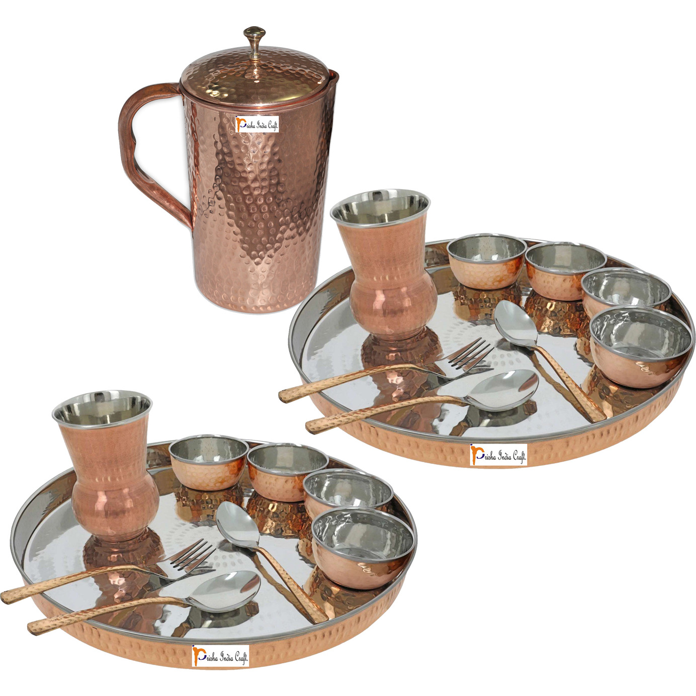 Prisha India Craft B. Set of 2 Dinnerware Traditional Stainless Steel Copper Dinner Set of Thali Plate, Bowls, Glass and Spoons, Dia 13  With 1 Pure Copper Hammered Pitcher Jug - Christmas Gift