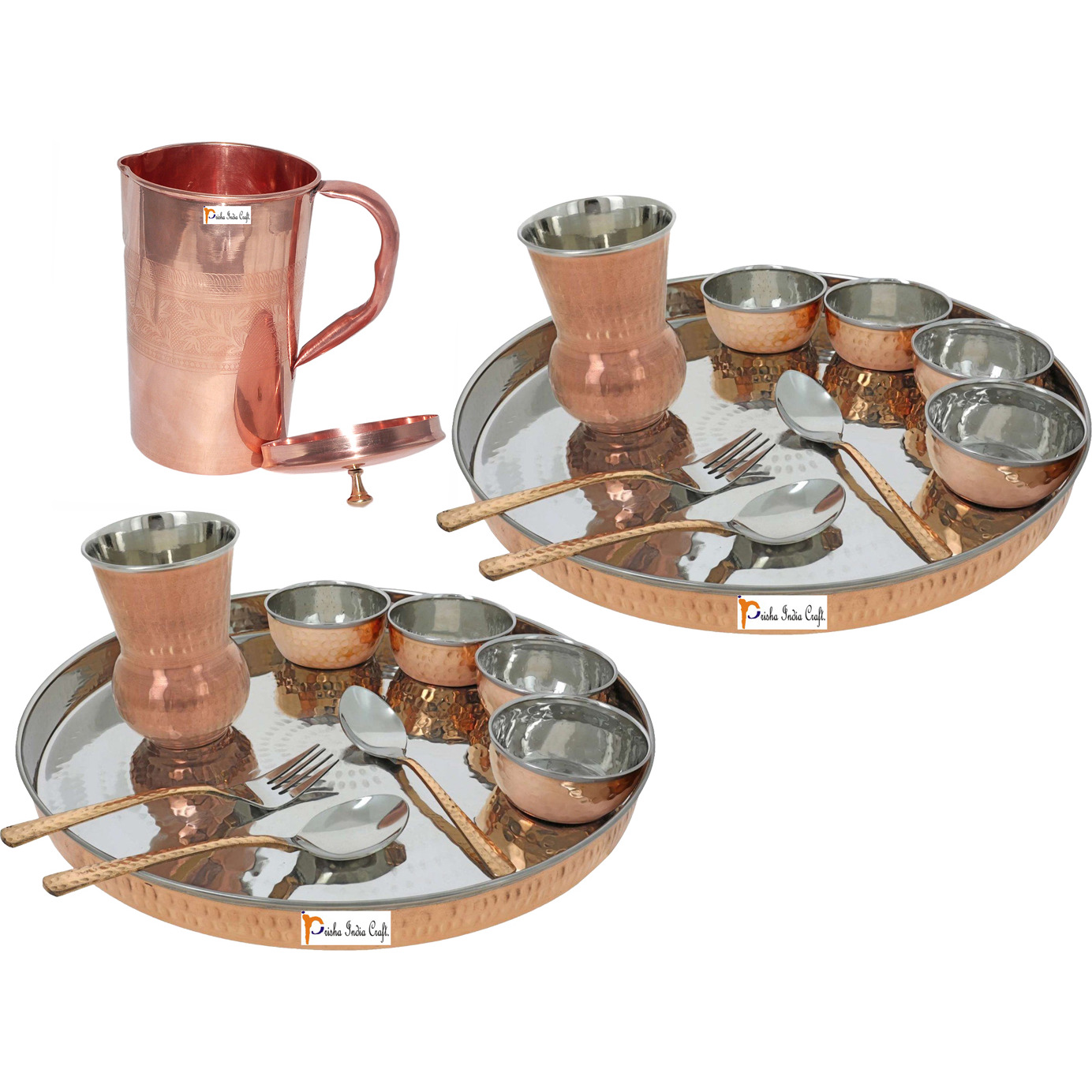 Prisha India Craft B. Set of 2 Dinnerware Traditional Stainless Steel Copper Dinner Set of Thali Plate, Bowls, Glass and Spoons, Dia 13  With 1 Pure Copper Embossed Pitcher Jug - Christmas Gift