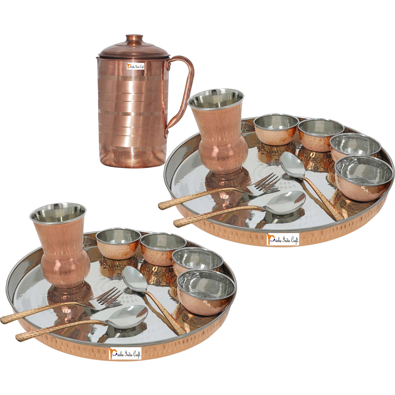 Prisha India Craft B. Set of 2 Dinnerware Traditional Stainless Steel Copper Dinner Set of Thali Plate, Bowls, Glass and Spoons, Dia 13  With 1 Pure Copper Pitcher Jug - Christmas Gift