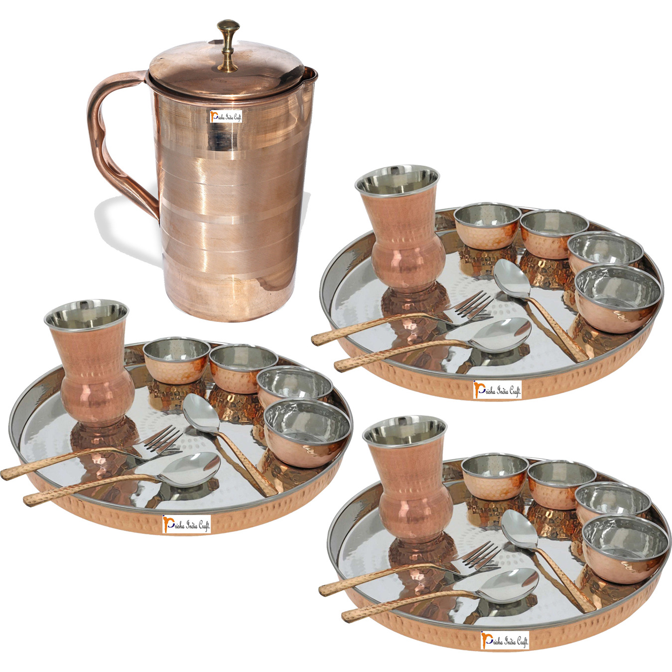 Prisha India Craft B. Set of 3 Dinnerware Traditional Stainless Steel Copper Dinner Set of Thali Plate, Bowls, Glass and Spoons, Dia 13  With 1 Luxury Style Pure Copper Pitcher Jug - Christmas Gift