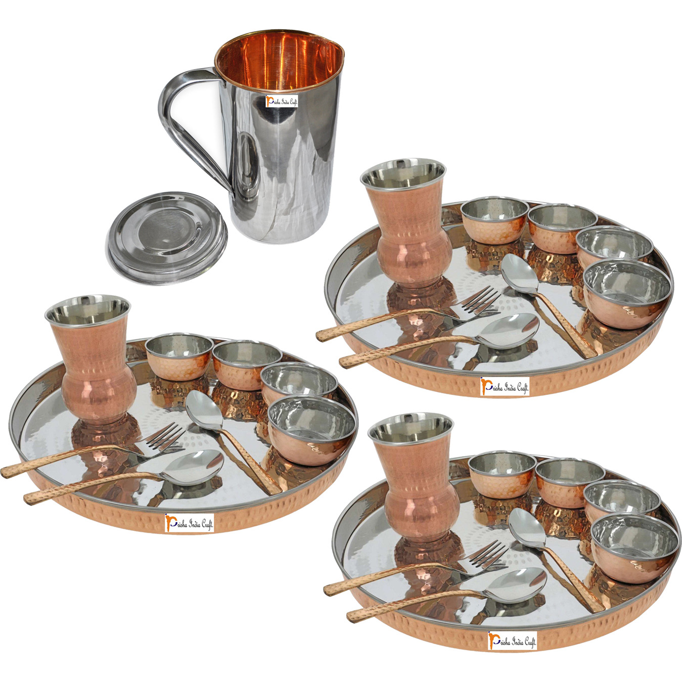 Prisha India Craft B. Set of 3 Dinnerware Traditional Stainless Steel Copper Dinner Set of Thali Plate, Bowls, Glass and Spoons, Dia 13  With 1 Stainless Steel Copper Pitcher Jug - Christmas Gift