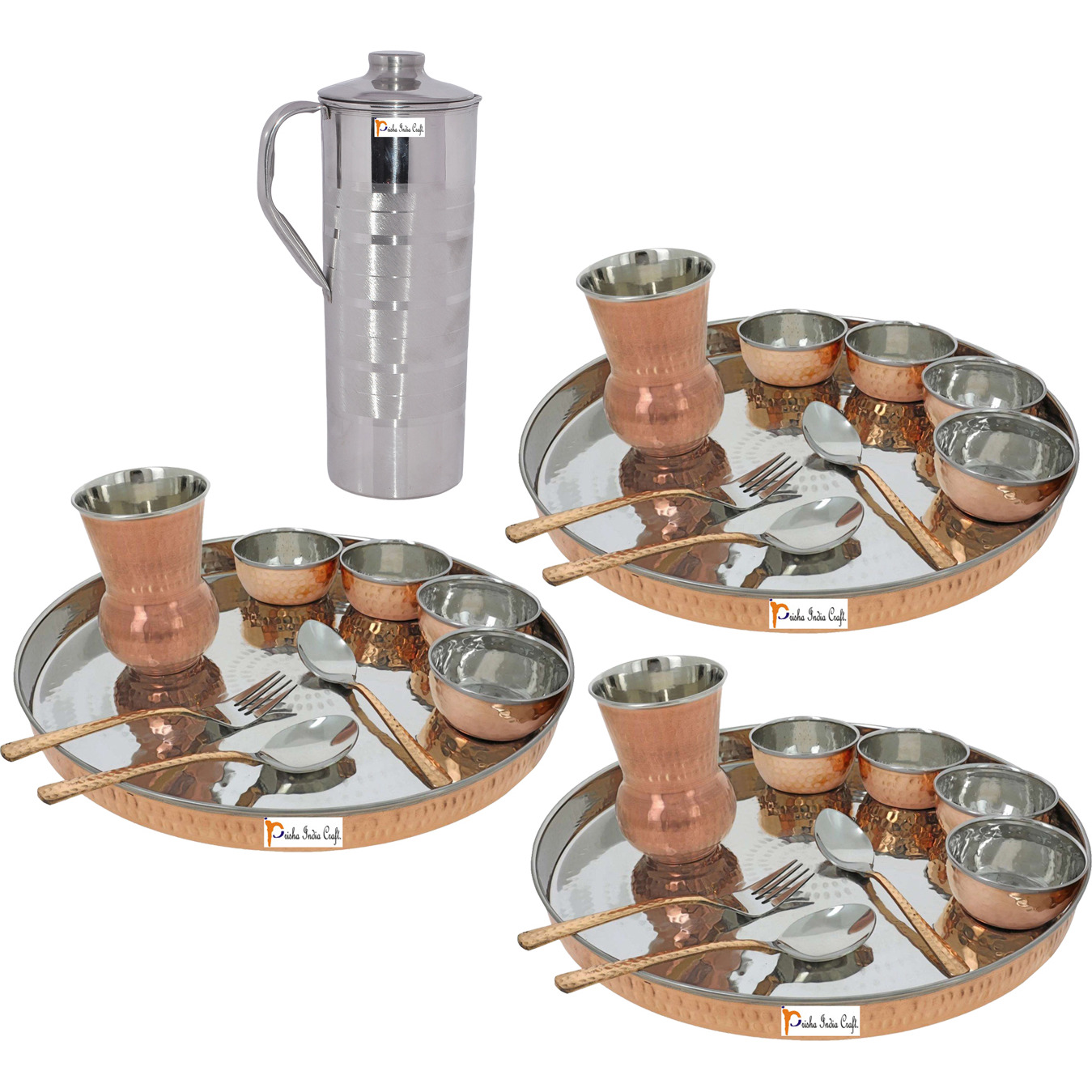 Prisha India Craft B. Set of 3 Dinnerware Traditional Stainless Steel Copper Dinner Set of Thali Plate, Bowls, Glass and Spoons, Dia 13  With 1 Luxury Style Stainless Steel Copper Pitcher Jug - Christmas Gift