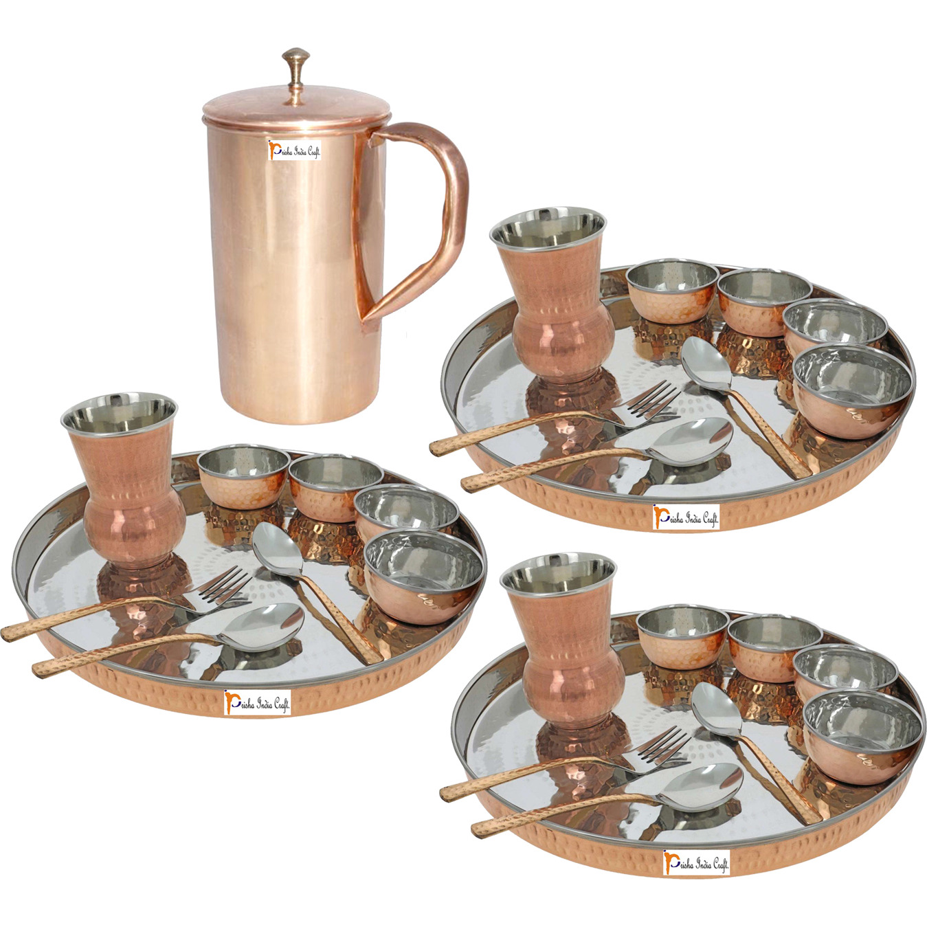 Prisha India Craft B. Set of 3 Dinnerware Traditional Stainless Steel Copper Dinner Set of Thali Plate, Bowls, Glass and Spoons, Dia 13  With 1 Pure Copper Classic Pitcher Jug - Christmas Gift