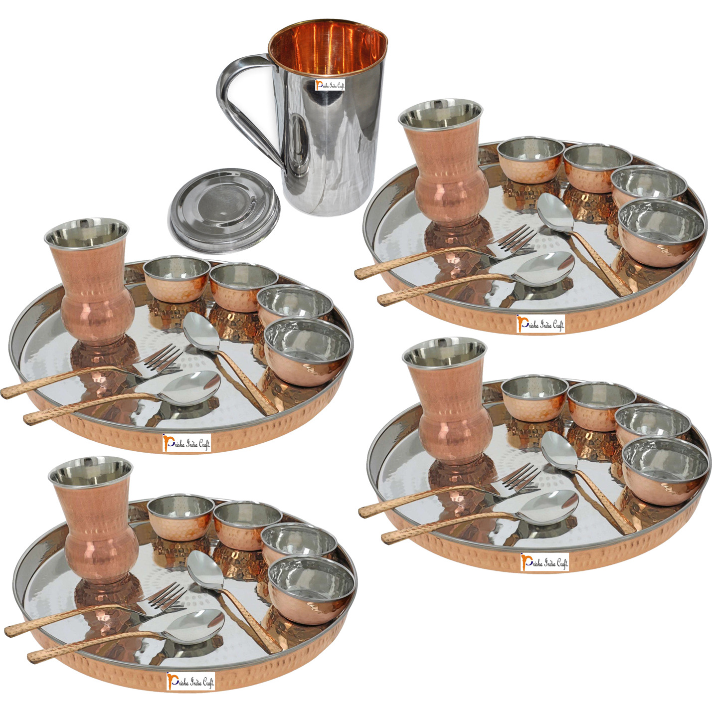 Prisha India Craft B. Set of 4 Dinnerware Traditional Stainless Steel Copper Dinner Set of Thali Plate, Bowls, Glass and Spoons, Dia 13  With 1 Stainless Steel Copper Pitcher Jug - Christmas Gift