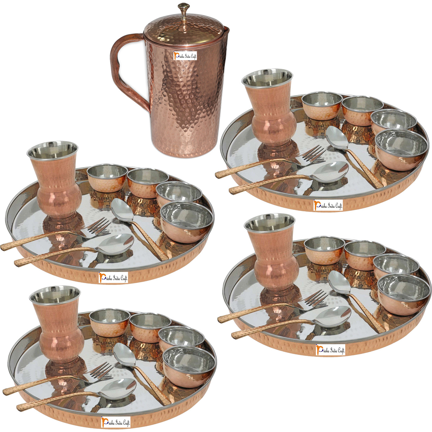 Prisha India Craft B. Set of 4 Dinnerware Traditional Stainless Steel Copper Dinner Set of Thali Plate, Bowls, Glass and Spoons, Dia 13  With 1 Pure Copper Hammered Pitcher Jug - Christmas Gift