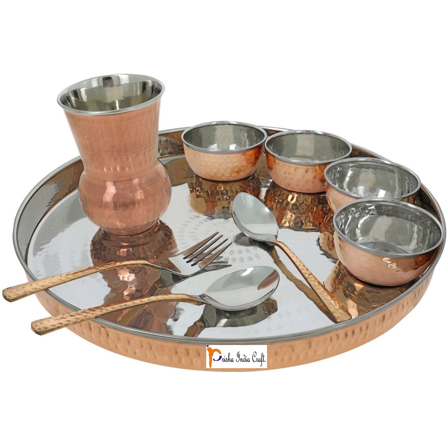 Prisha India Craft B. Set of 4 Dinnerware Traditional Stainless Steel Copper Dinner Set of Thali Plate, Bowls, Glass and Spoons, Dia 13  With 1 Stainless Steel Copper Hammered Pitcher Jug - Christmas Gift