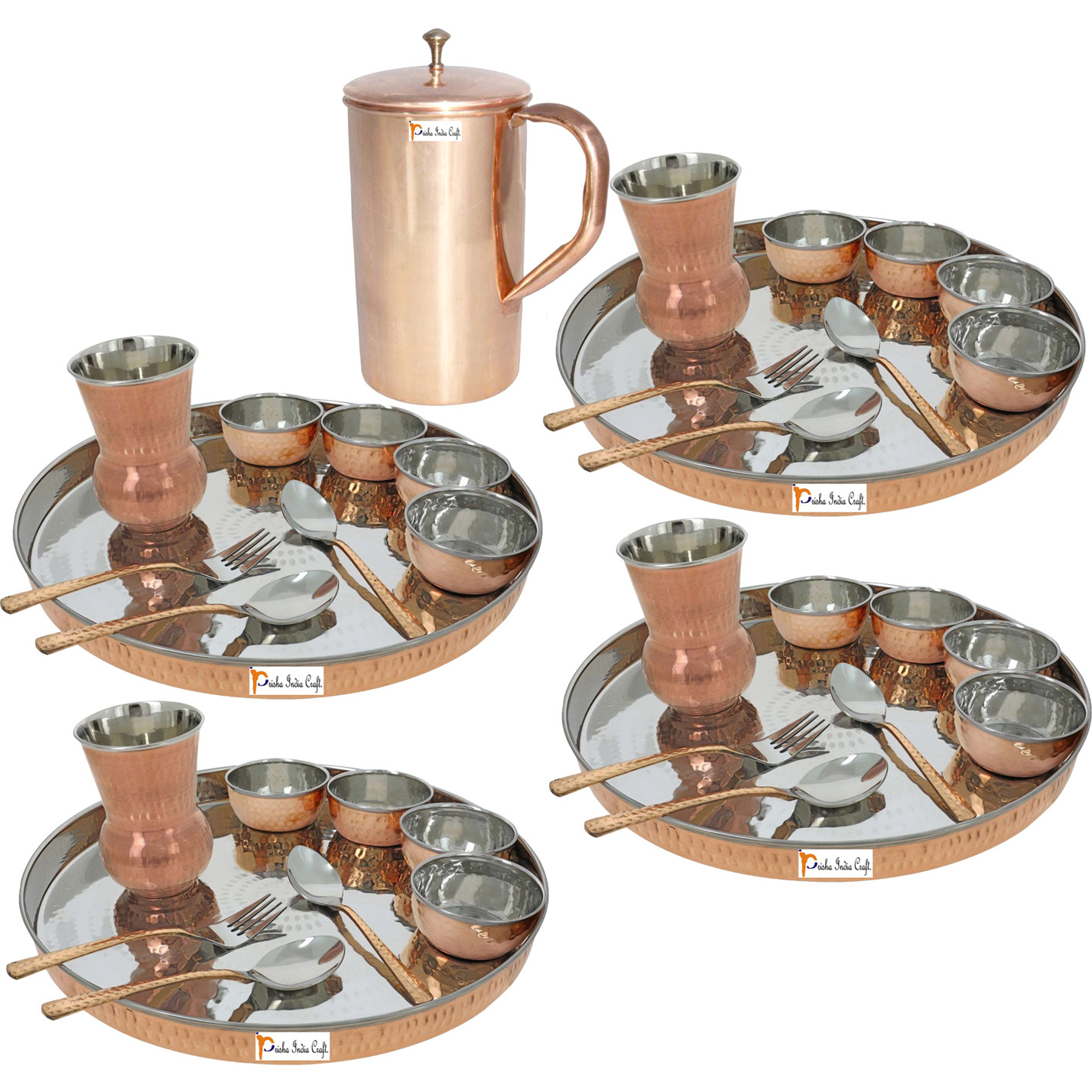 Prisha India Craft B. Set of 4 Dinnerware Traditional Stainless Steel Copper Dinner Set of Thali Plate, Bowls, Glass and Spoons, Dia 13  With 1 Pure Copper Classic Pitcher Jug - Christmas Gift